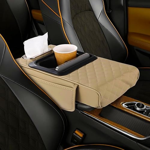 Miniatura 2 de Priprilod Almohada beige para reposabrazos de consola central de automóvil, espuma viscoelástica con portavasos y soporte para teléfono celular,