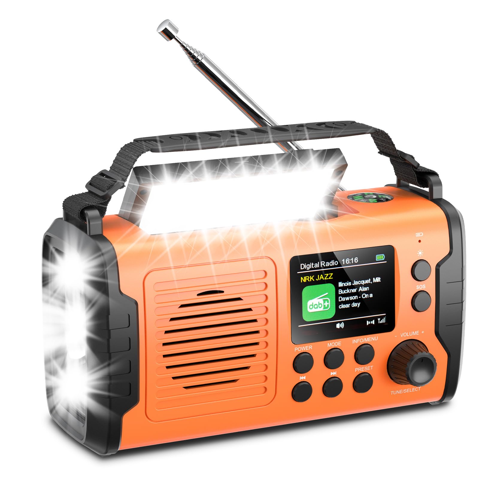 Radio a manovella da 20000 mAh con Bluetooth, radio DAB/FM, torcia elettrica e luce da lettura, caricatore USB per cellulare, allarme SOS, scheda TF, AUX IN, radio di emergenza portatile per campeggio