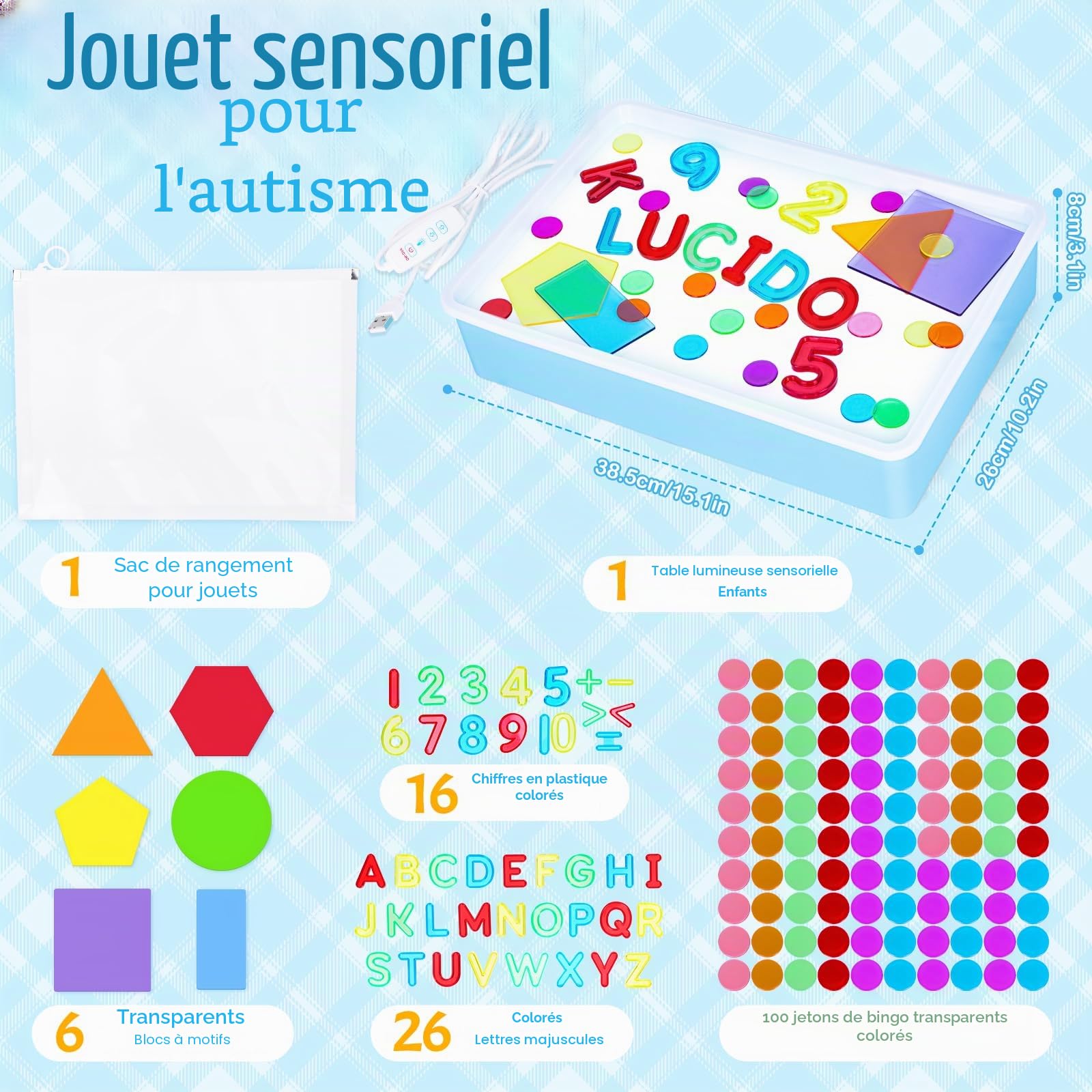 Yellcetoy Jouet Sensoriel Autisme, Table Lumineuse Enfant Jouet Sensoriel Light Box, 149pcs Sensory Light Table, Jouets Montessori éducatifs Créatifs et Amusants pour Les Enfants 3 4 5 6 7 8 Ans