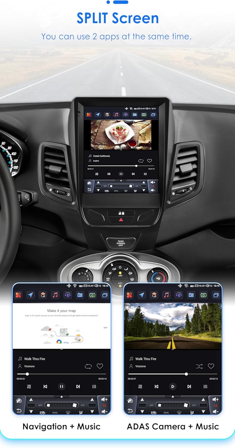 9.7 Inch HD Touchscreen Android 14 Stereo Car Radio Upgrade for Ford Fiesta 2009-2016 Wireless Carplay | Android Auto 8 Core 6G+64G WiFi GPS Navigation Bluetooth 5.0 AM FM,WC, Car Tablet