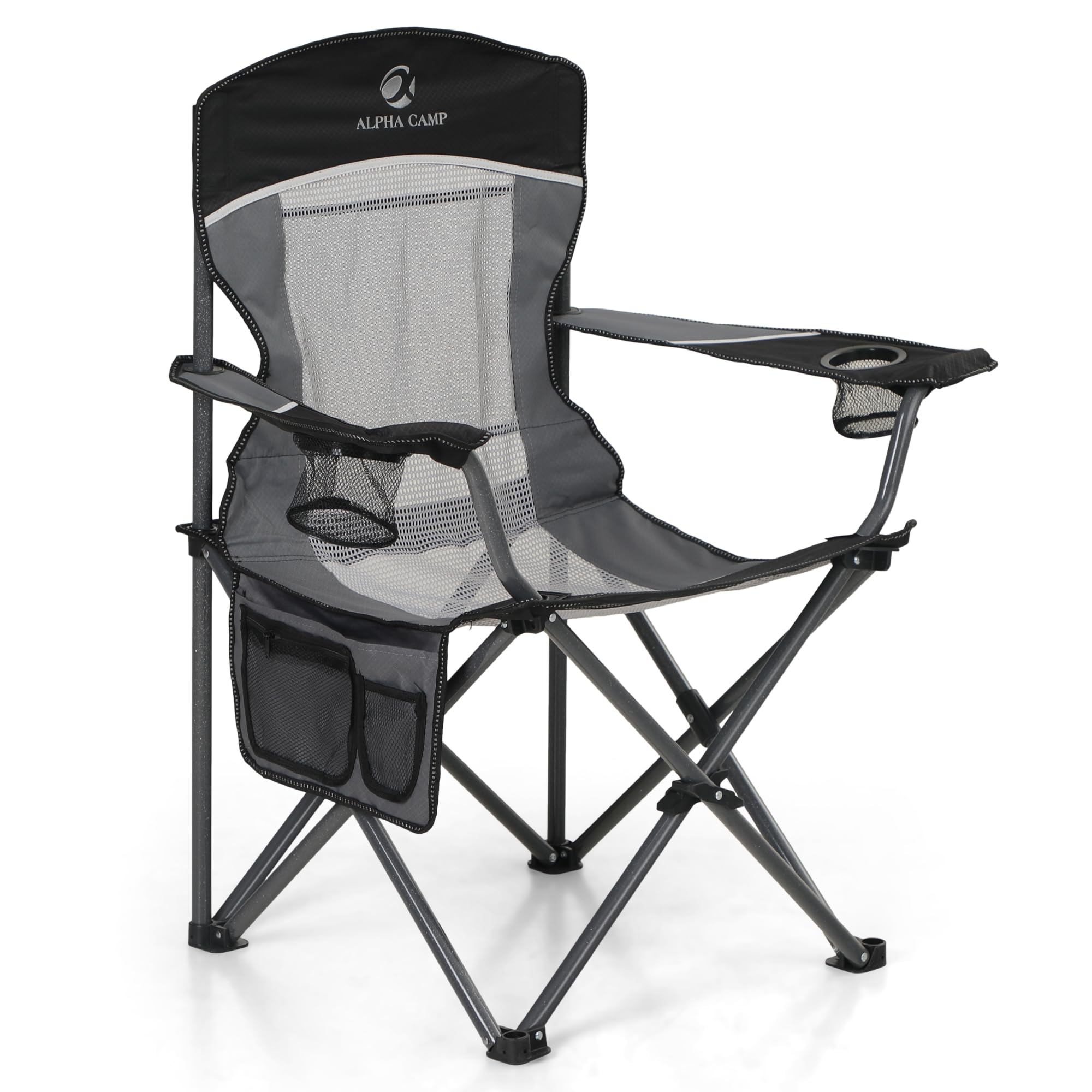 LET'S CAMP Siatkowe oparcie krzesło kempingowe, przenośne, składane, wytrzymałe krzesło na zewnątrz, 150 kg, trwałe, duże krzesło z uchwytem na kubek i torbą do przenoszenia, na kemping, wędkowanie,