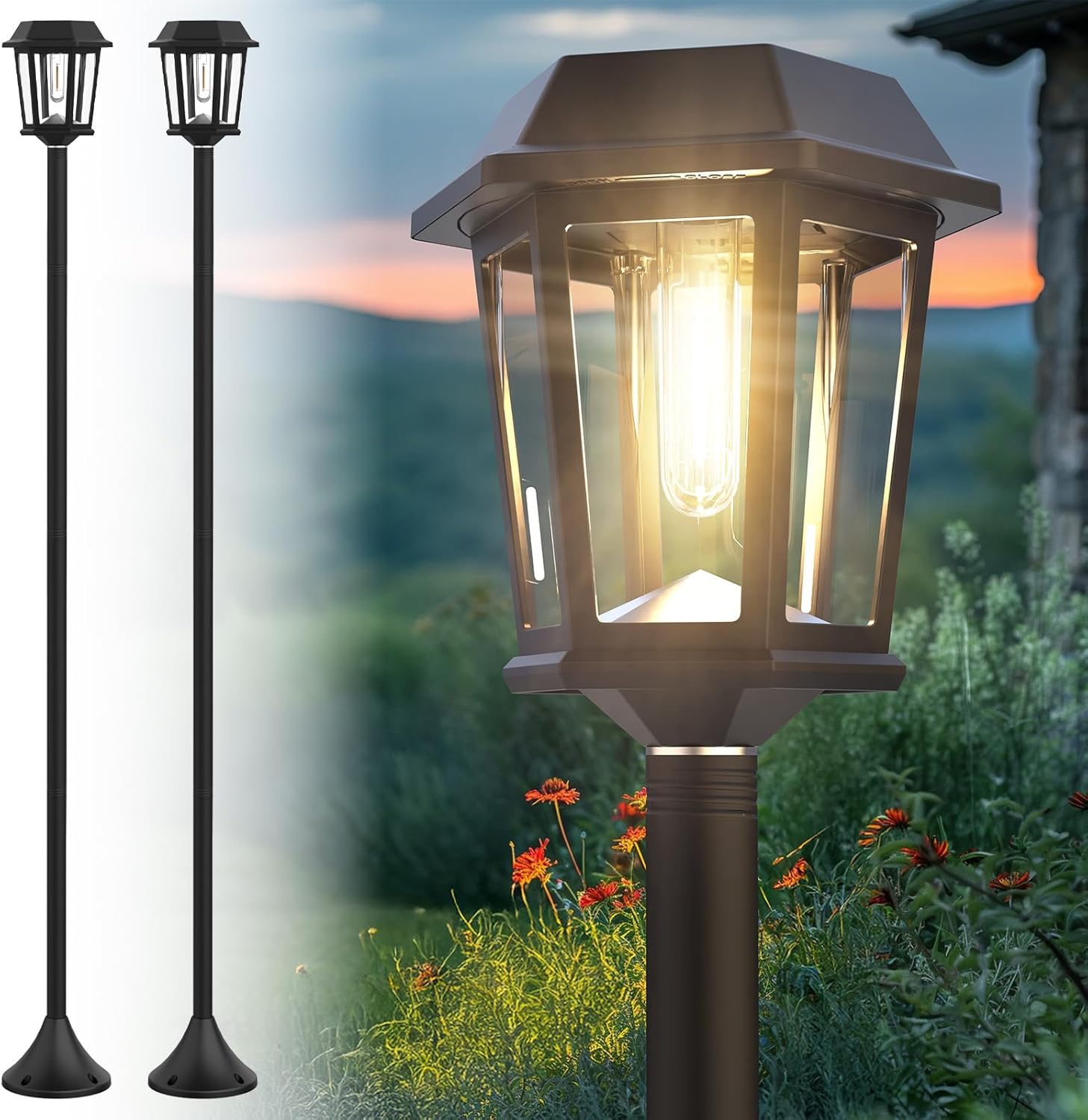 2 Pack Solar Lamp Post Lights Outdoor, 63" Solar Pole Lights for Outside,3000K Warm White Dusk to Dawn Waterproof Floor Lamps for Patio, Yard, Pathway, Driveway