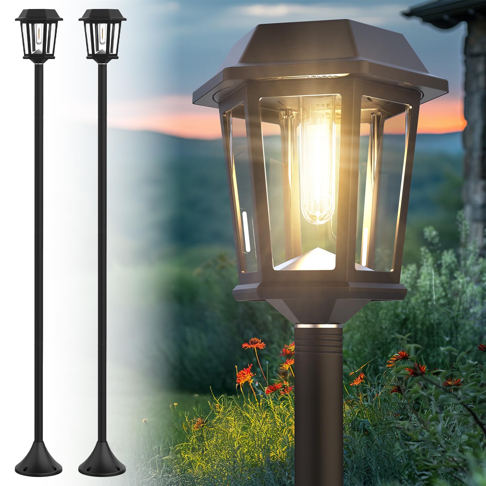 2 Stück Solar-Lampenpfosten, 154 cm, Außenleuchten für den Außenbereich, wasserdicht, IP65, 3000 K, Warmweiß, automatisches Ein-/Ausschalten, Edelstahl-Pfostenleuchten für den Außenbereich