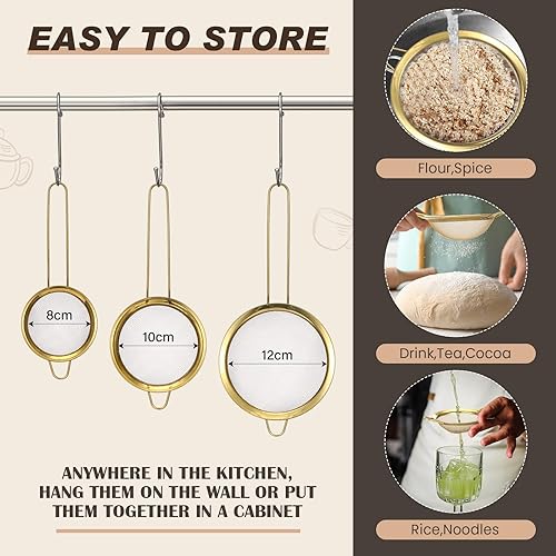 Miniatura 3 de Norme Colador dorado de acero inoxidable de 4 cuartos y 3 coladores de malla fina dorada, colador de metal para pasta, arroz y alimentos con asas,