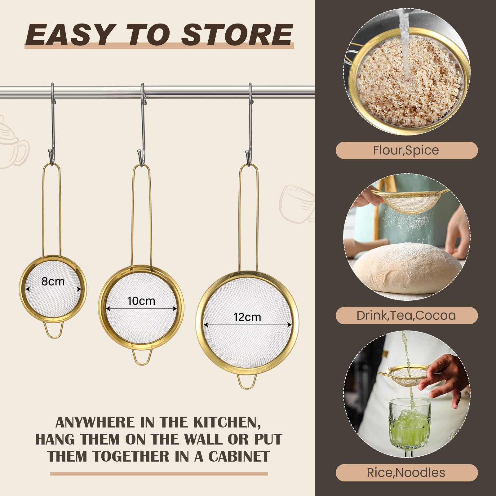 Norme Colador dorado de acero inoxidable de 3 cuartos y 3 coladores de malla fina dorada, colador de metal de acero inoxidable para pasta, arroz y alimentos, fácil de limpiar y apto para lavavajillas