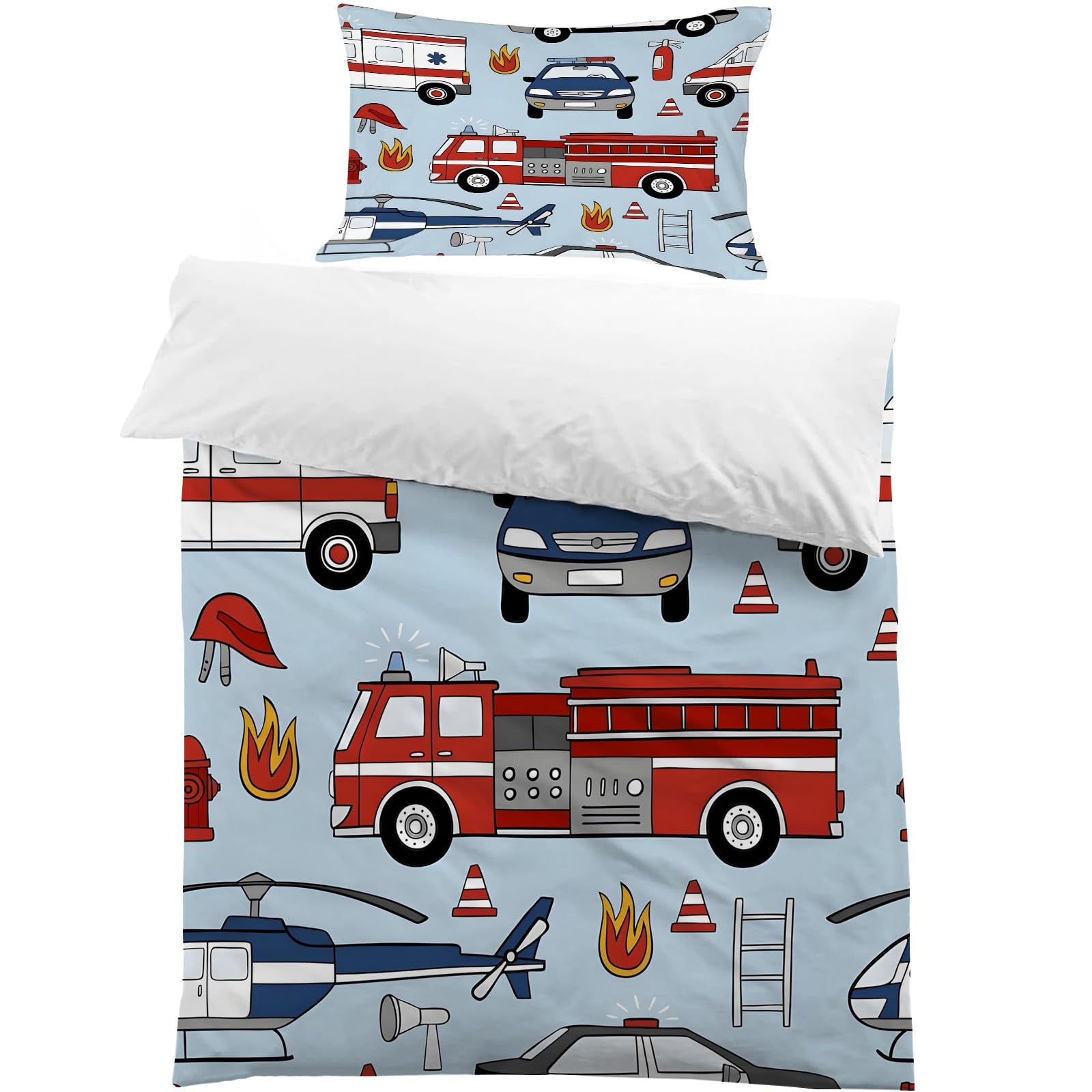 Housse de couette 155x220 cm camion de pompiers avec 2 taies d'oreiller en microfibre