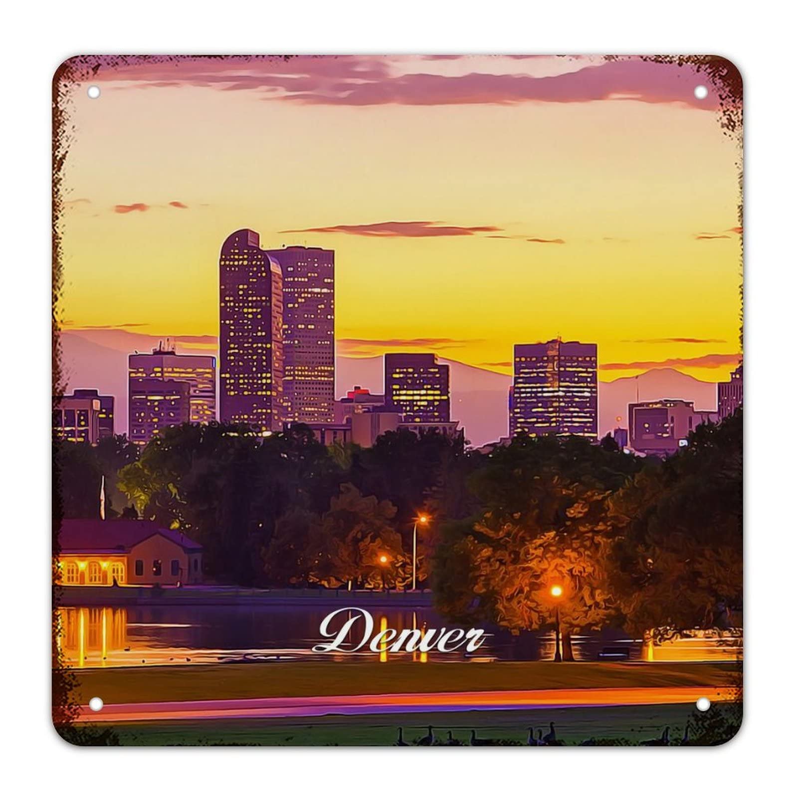 Plaque en métal vintage Colorado Denver paysage urbain avec finition rustique haut de gamme