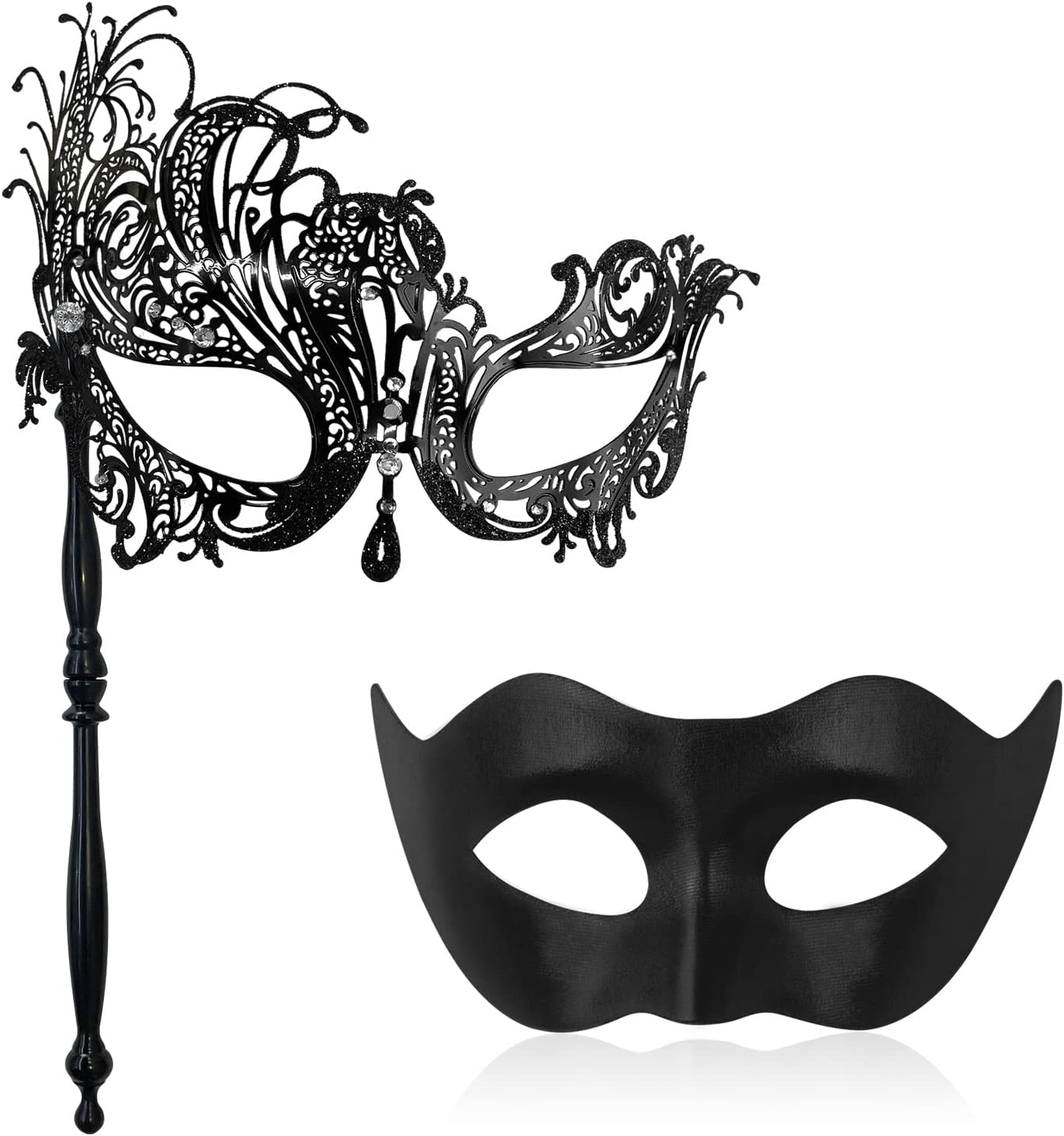 IncreDecor Couple Masquerade Mask with Holding Stick Venetian Metal Masks Halloween Mardi Gras Costume Mask for Women & Men