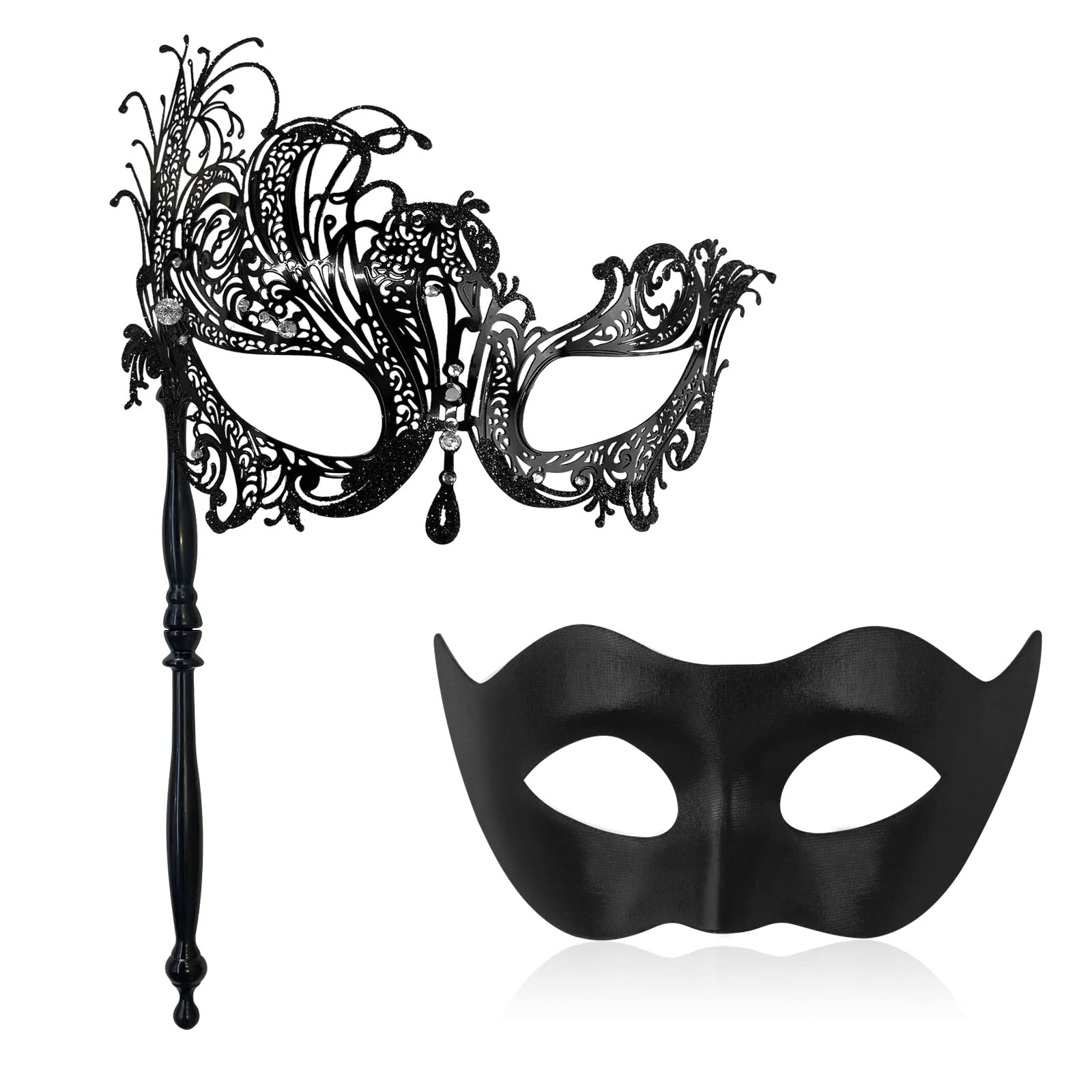 IncreDecor Couple Masquerade Mask with Holding Stick Venetian Metal Masks Halloween Mardi Gras Costume Mask for Women & Men