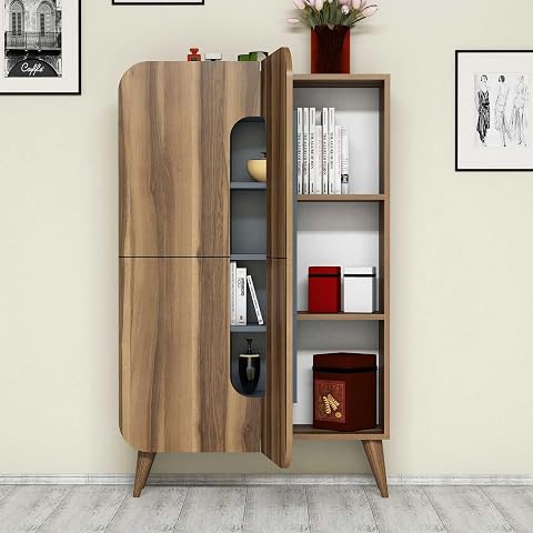 Dmora Credenza Hoggar 93x32x144h cm Marrone Noce 7 Ripiani 10 Vani, Madia 2 Ante