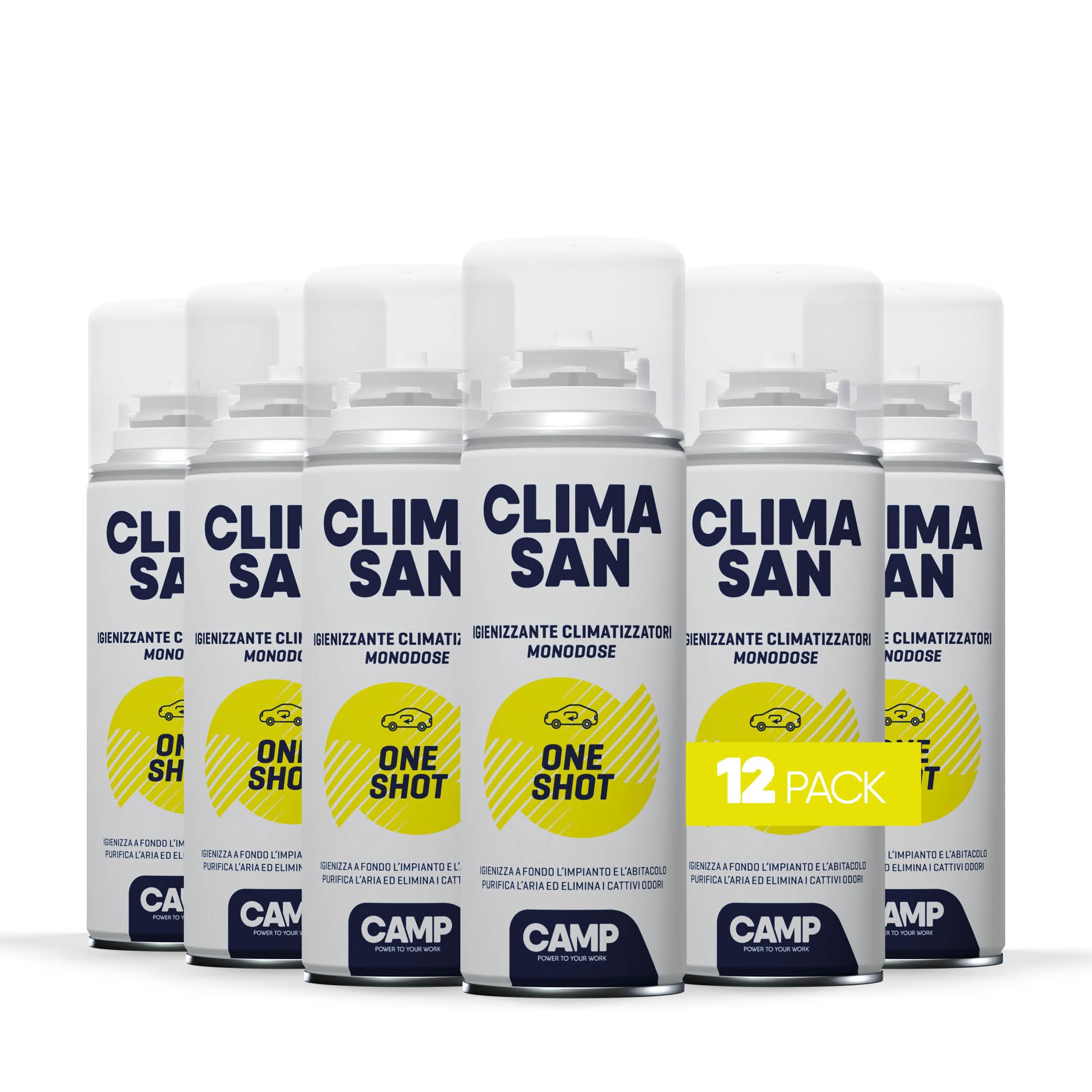 CAMP Climasan One Shot - Spray Limpiador Aire Acondicionado e Interior Coche, Limpieza Aire Acondicionado con Acción Purificadora–Ideal para Remover Gérmenes y Bacterias–Made in Italy, 12x200 ml