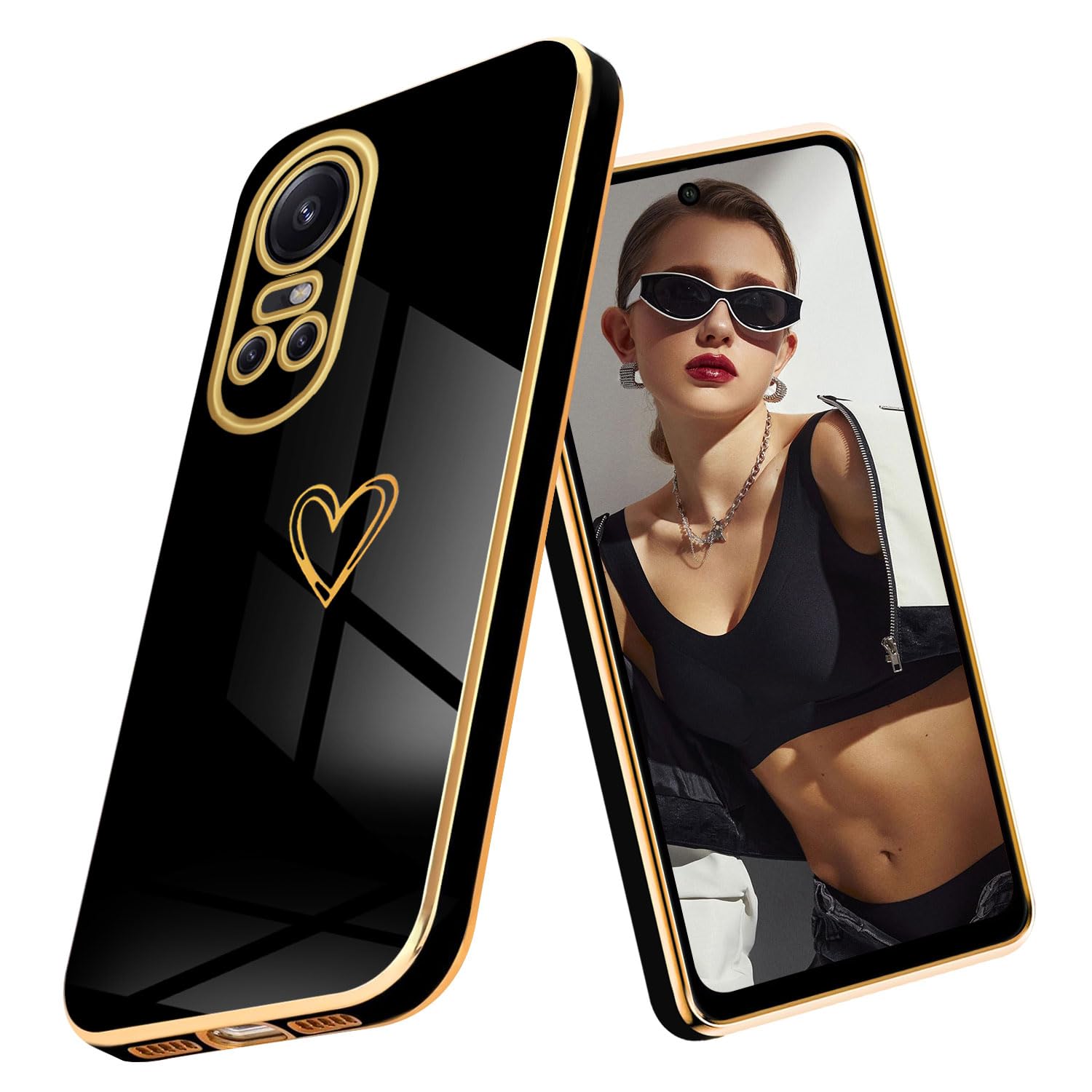 Tawarror Case for OPPO Reno 10 5G/OPPO Reno 10 Pro 5G with Cute Heart Pattern, Soft Silicone Love-Heart Electroplating Pattern for Women Girls Silicone to Shell for OPPO Reno 10, Black