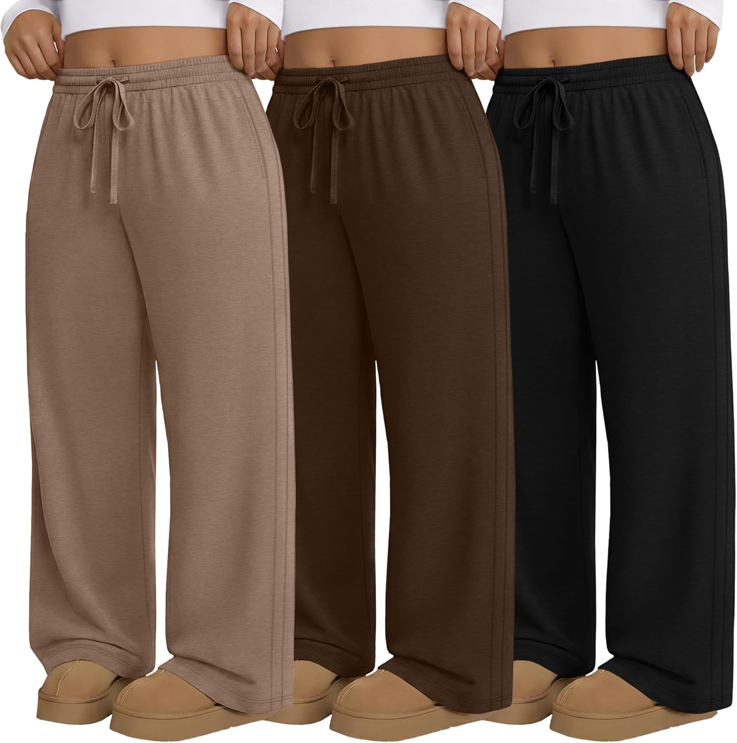 Evervibe 3 Pack Women's Plus Size Pants, Drawstring Wide Leg High Waist Sweatpants Loose Casual Lounge Pants with Pockets