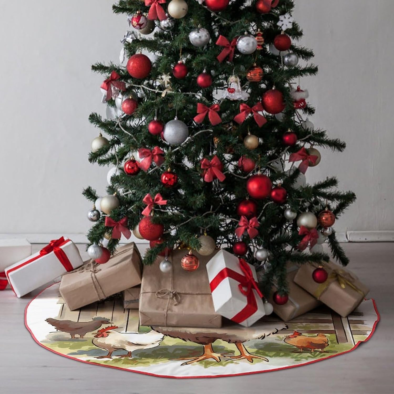 Christmas Tree Skirt,for Xmas Tree Holiday Party Decorations Farm Animals Printed Christmas Tree Mat Red Lace-up Christmas Tree Dress