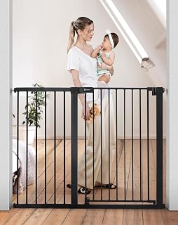 COMOMY 36" Extra Tall Auto Close Baby Gate for Stairs & Doorways, Fits 29.5-48.8" Wide, Pressure Mounted Walk-Thru Dog Pet Gate, Black