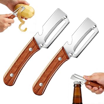 Multifunctional Vegetable Peeler, 2-in-1 Stainless Steel Fruit and Vegetable Peeler with Wooden Handle & Bottle Opener, Potato Peeler for Kitchen 2 PCS