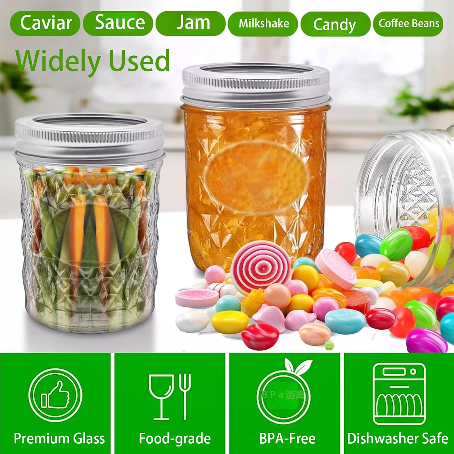 Wide Mouth Mason Jars 8 oz & 16 oz (8 Pack Total, 4 Each) - Airtight BPA-Free Food Grade Glass, Free Brush & Stickers, Dishwasher Safe for Canning, Storage, Meal Prep, DIY Gifts