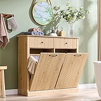 Modern Double Tilt-Out Laundry Hamper Cabinet, 20 Gal Fluted Hidden Trash Can with 2 Drawers, Natural Oak Wooden Storage for Kitchen Bathroom