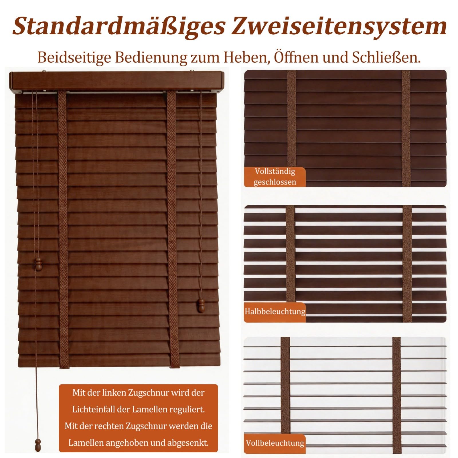 Jalousien B75 x H80 cm, 50mm Lamellen, Zugkordel, Breites Stoffband, Massivholz, Mehrere Größen Verfügbar, Braun, Geeignet für Zuhause & Büro