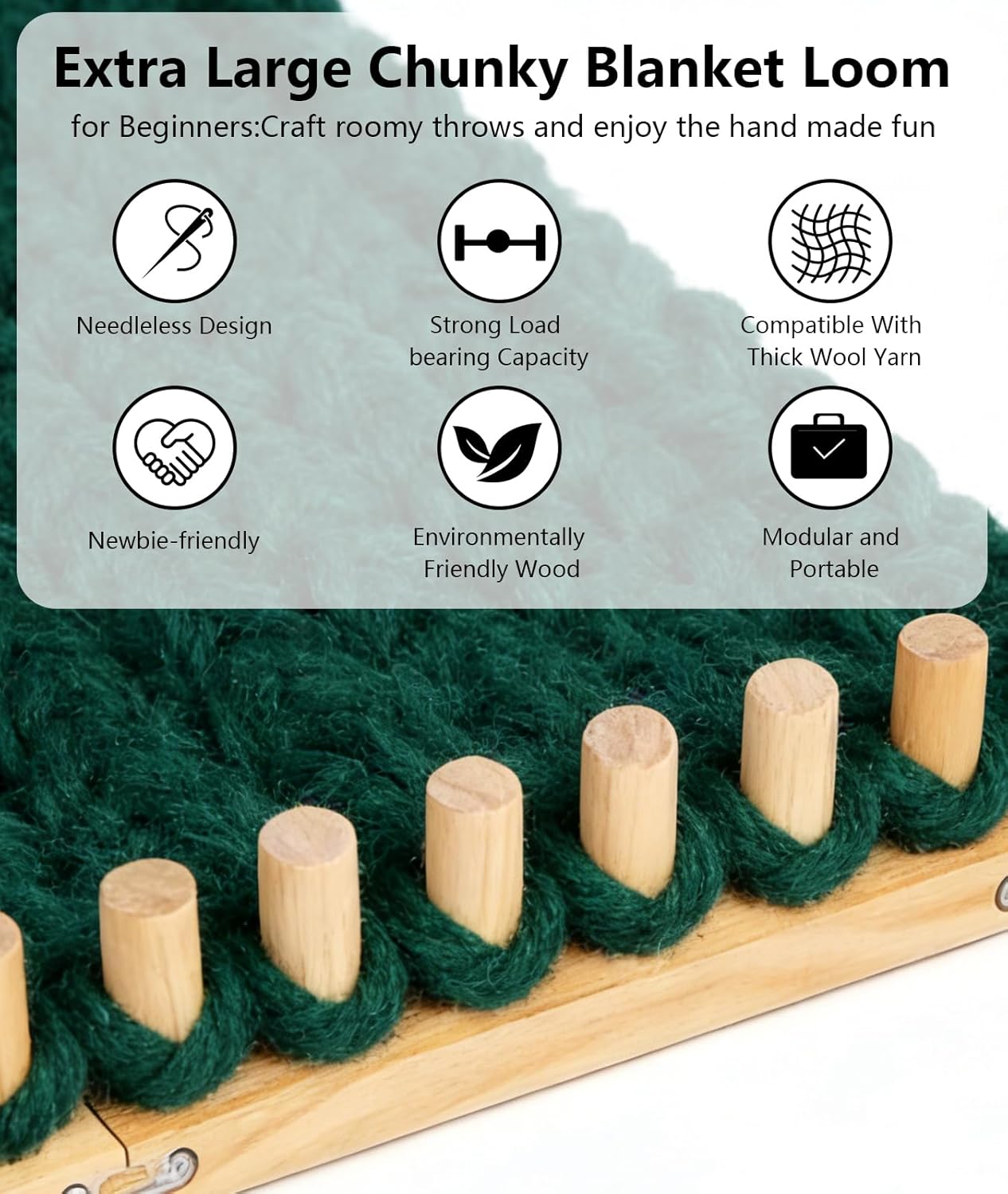 Irosiy 52" Loom for Chunky Blanket, Wooden Hand Knitting Loom for Chunky Yarn, Adjustable Size, No Needles Required with Assembly Tools