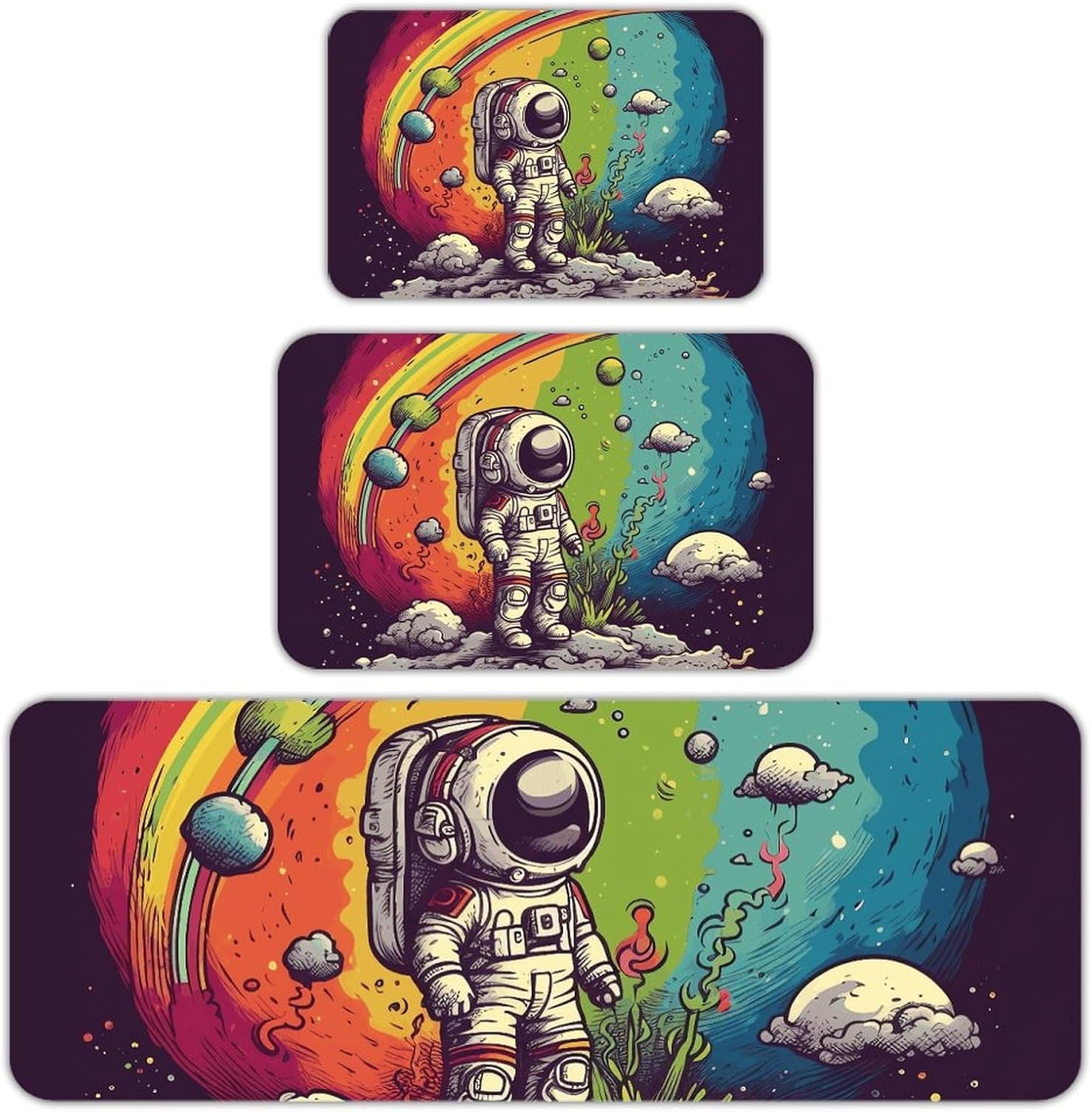 Cartoon Astronaut and Rainbow791e8510-007d-11ef-8e6d-d148611795c7 Kitchen Mats for Floor 3 Pcs Kitchen Rugs