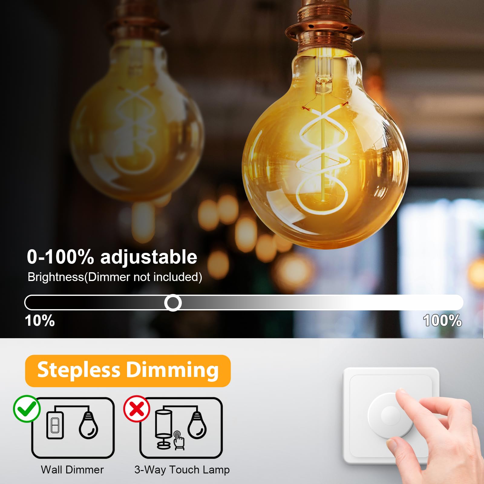 Żarówka LED E27, ciepła biel, ściemniana, 2200 K, Edison, vintage, 4 W, energooszczędna, filament retro, E27, żarówka, dekoracja do domu, kawiarni, baru, 6 sztuk (G80)