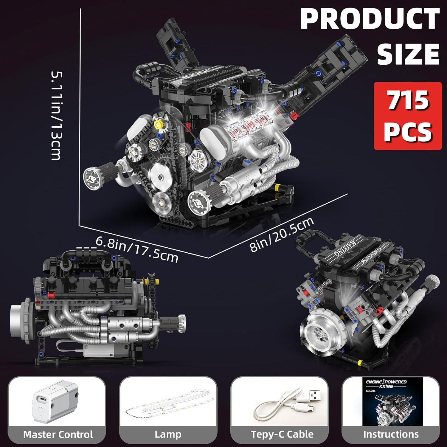 V8 Engine Model Kit, 8-Cylinder Visible Engine Building Blocks with LED Light & APP Control, STEM Engineering Kit Runs for Adults & Kids, Collectible Set (715 PCS)
