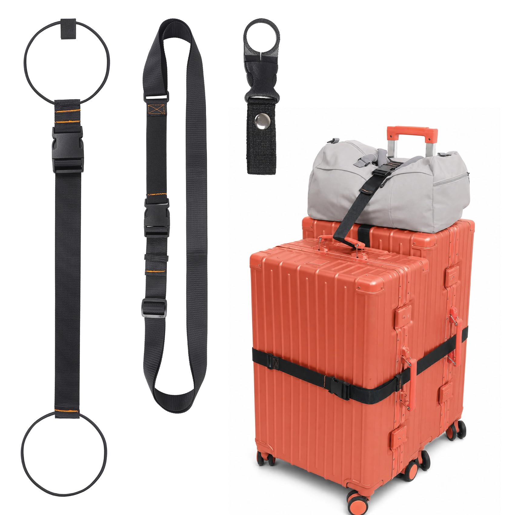3 Pack Luggage Straps for Suitcases, Luggage Connector Strap, Adjustable Elastic Belt for Connecting Two Suitcases and Add A Bag with Bottle Clip Travel Accesso