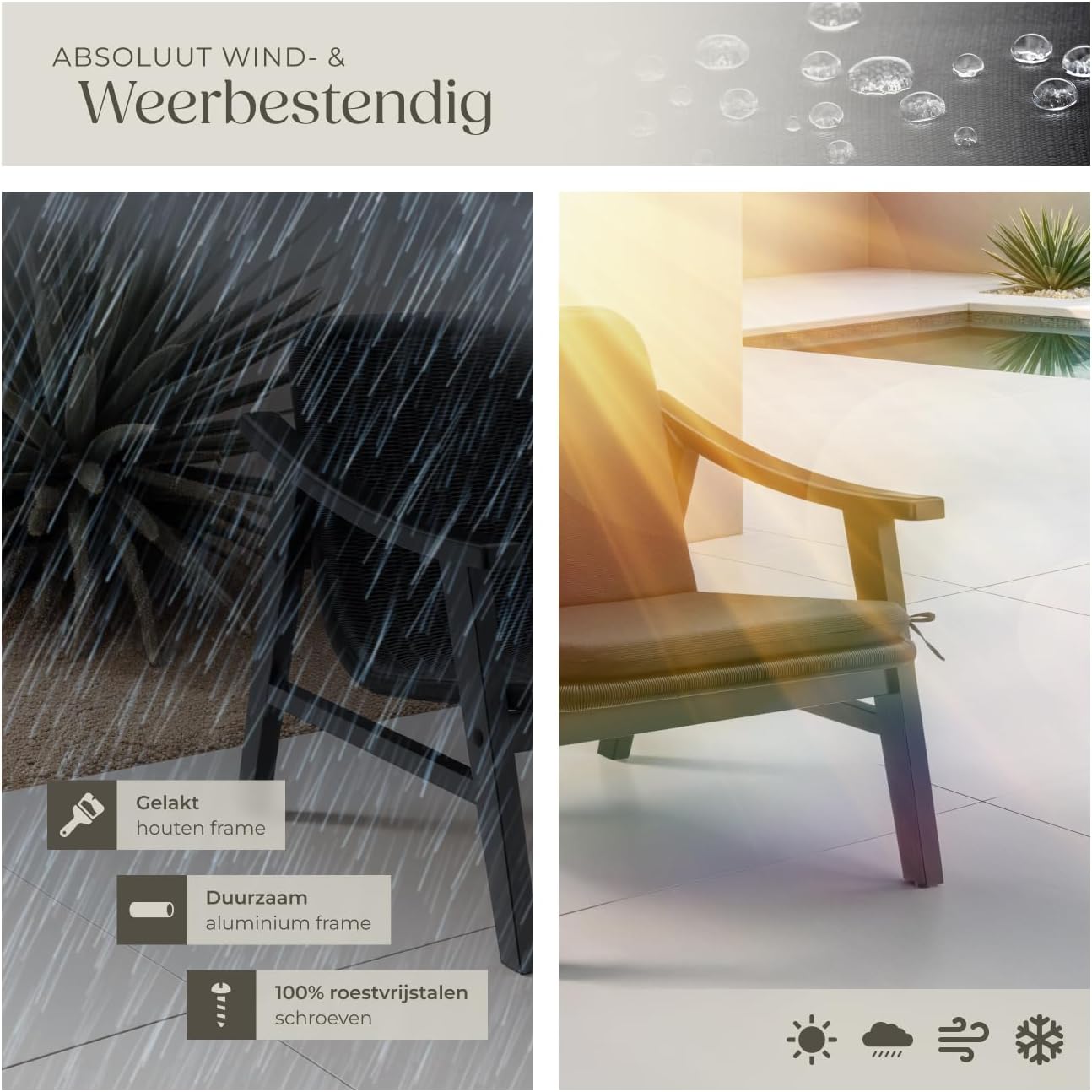 Images illustrating the weather resistance of the armchair, showing rain, sun, and wind icons, and close-ups of the lacquered wood, durable aluminum frame, and stainless steel screws.