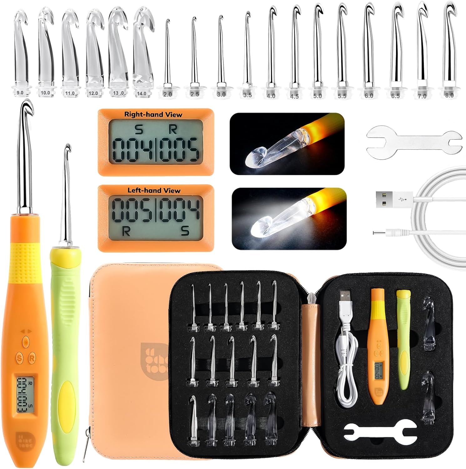 PP OPOUNT 18 Sizes Light Up Crochet Hook Set (2.0–14.0mm) - Plastic Rechargeable Lighted Hooks with LED & Digital Counter, Sliver Crochet Tools and Orange Counting Crochet Hook（Ambidextrous