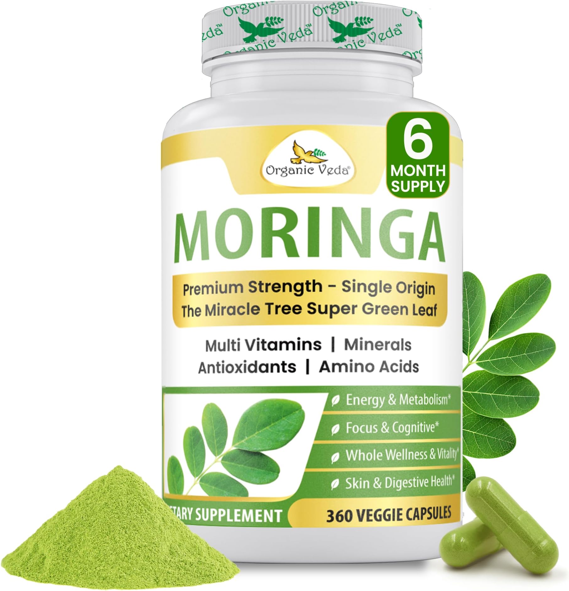 Moringa Capsule 1000mg, 6 Months Supply - True Green Pure Organic Moringa Leaf Superfood - Vitamins & Antioxidants Rich Powder, Energy, Digestion, Brain & Skin Health - 360 Vegan Capsule