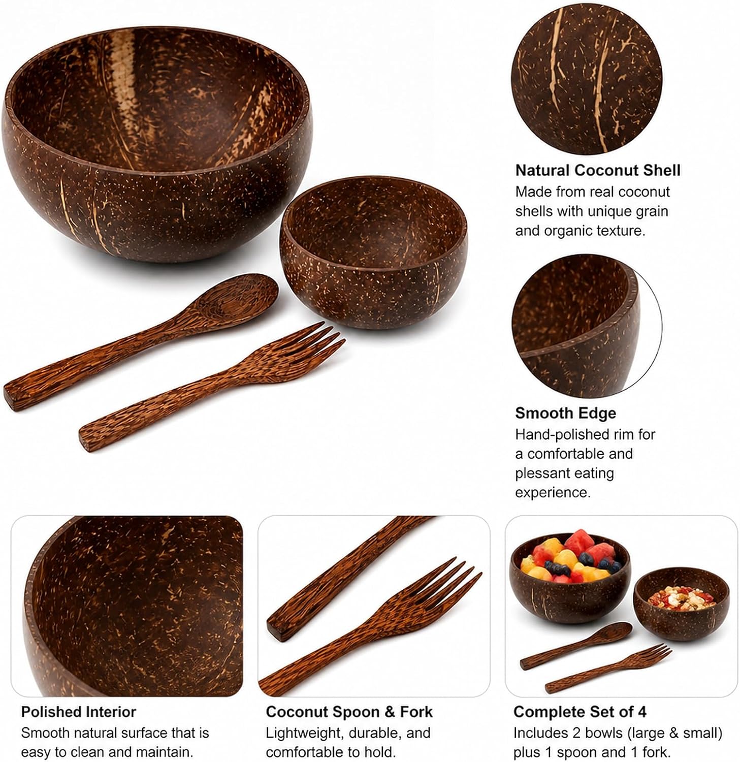 4PCS Coconut Bowl Set with Wooden Spoon and Fork，Real Coconut Shell, Wooden Utensils, Smoothie Bowl, Salad Serving, Decorative Storage
