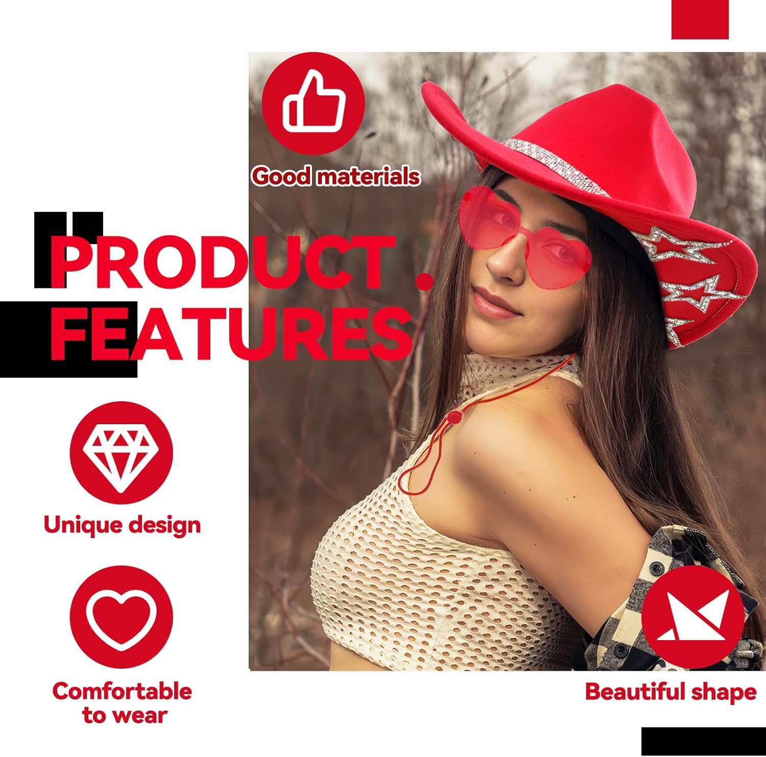 SHENYI Cowgirl Hat and Bandana and Heart Sunglasses Glitter Rhinestone Star Cowboy Hat Western Sparkly Hats for Women Men - Image 4