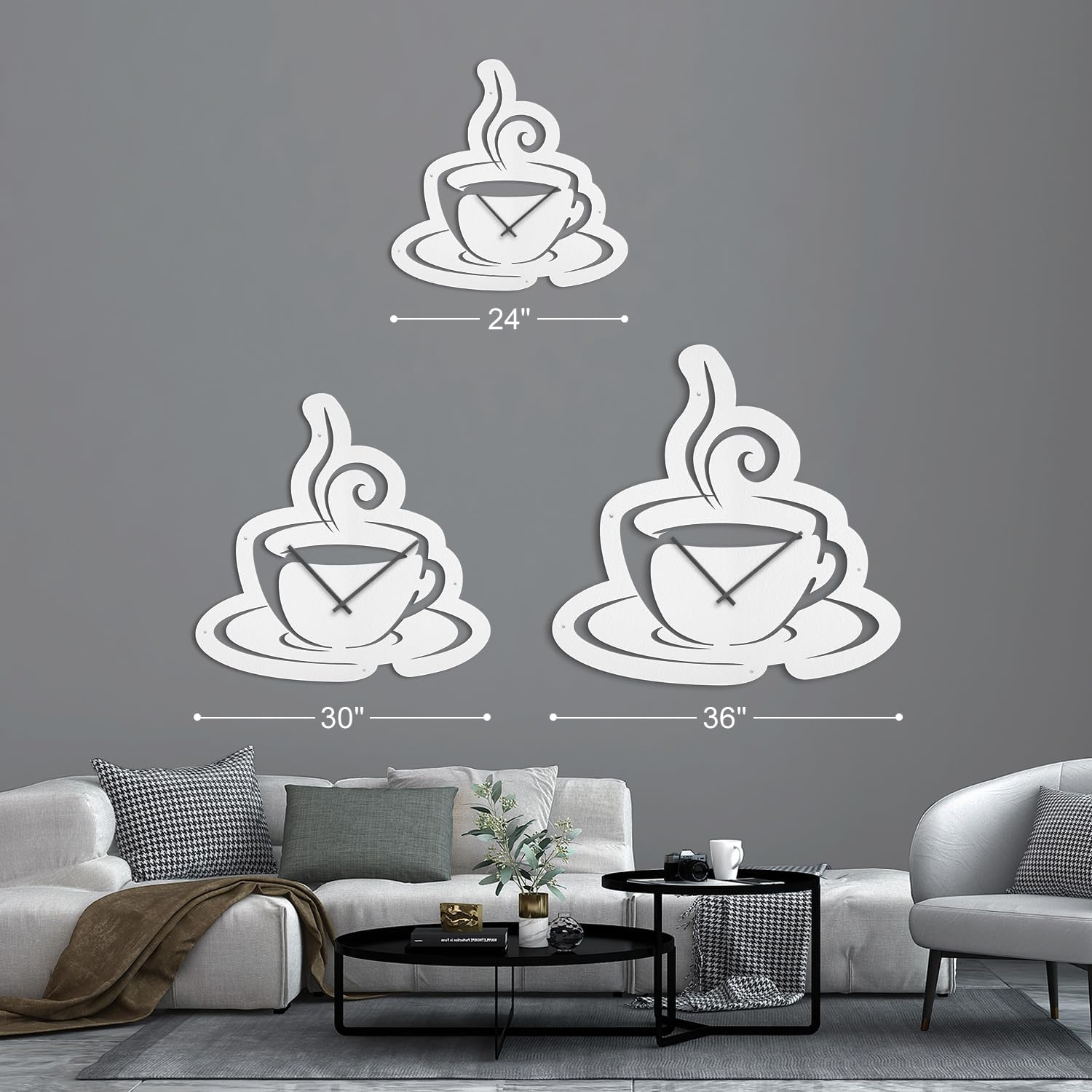 SIGNLEADER Metal Wall Clock Wall Art Decor, Steaming Coffee Cup Wall Sculpture Clock Silent Battery Operated Hangings Home Decoration for Living Room, Bedroom, Kitchen, Bathroom - 24" White