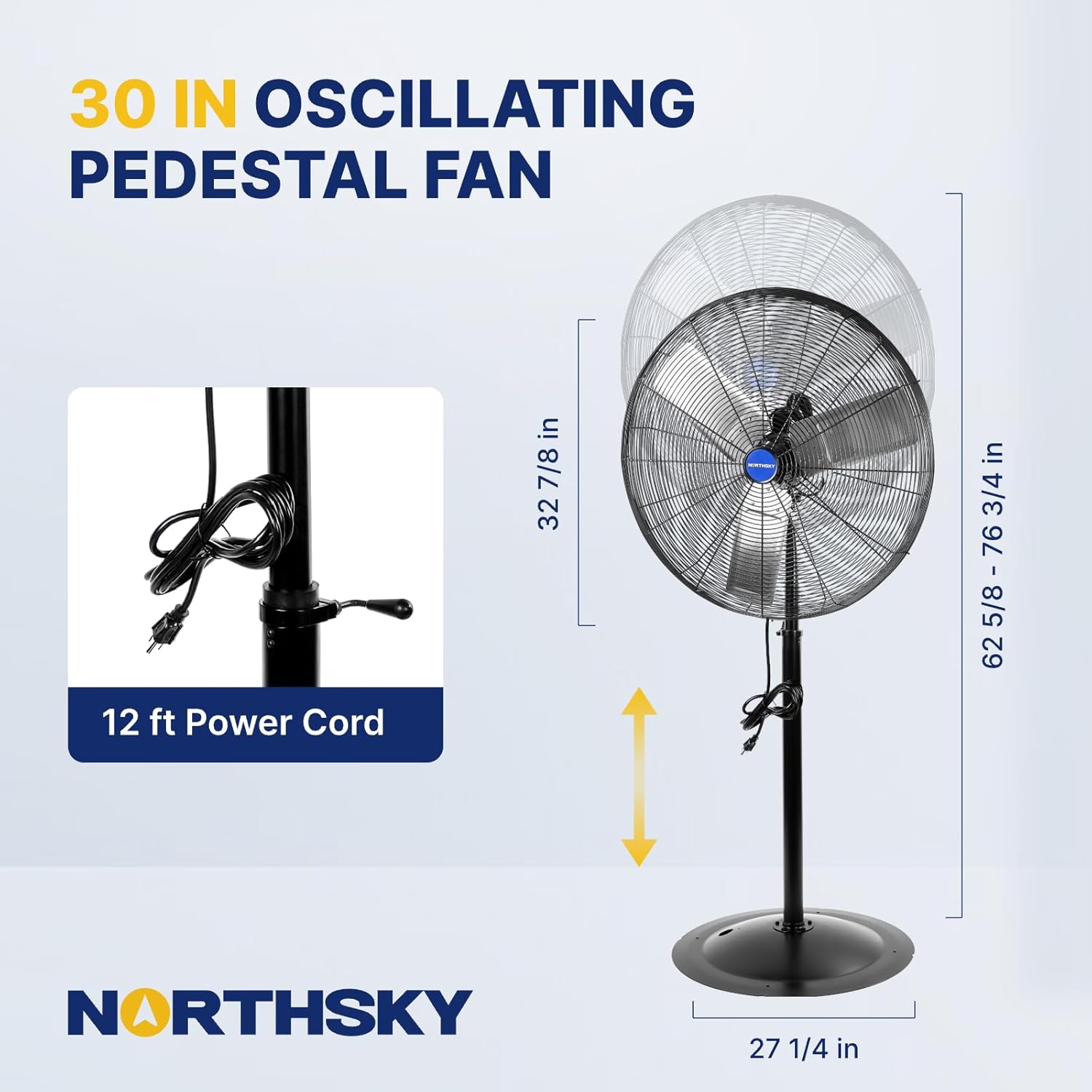NORTHSKY 30 IN High Velocity Non-Oscillating Pedestal Fan, 7,250 CFM Airflow Heavy Duty Industrial Standing Fan, 2 Speeds, 1/4 HP, Stand Fan for Warehouse, Machinery Stations, Shop