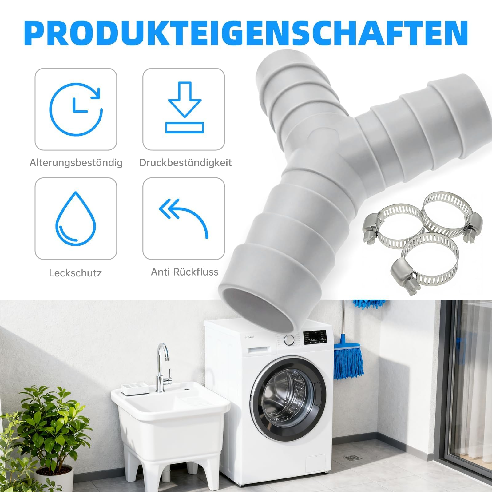 3-drożny rozdzielacz Y do węży odpływowych, złączka do węża odpływowego 20 mm, rozdzielacz odpływu, adapter do pralki i zmywarki, przyłącze do odpływu z 3 opaskami, idealny do kuchni i łazienki(szary)