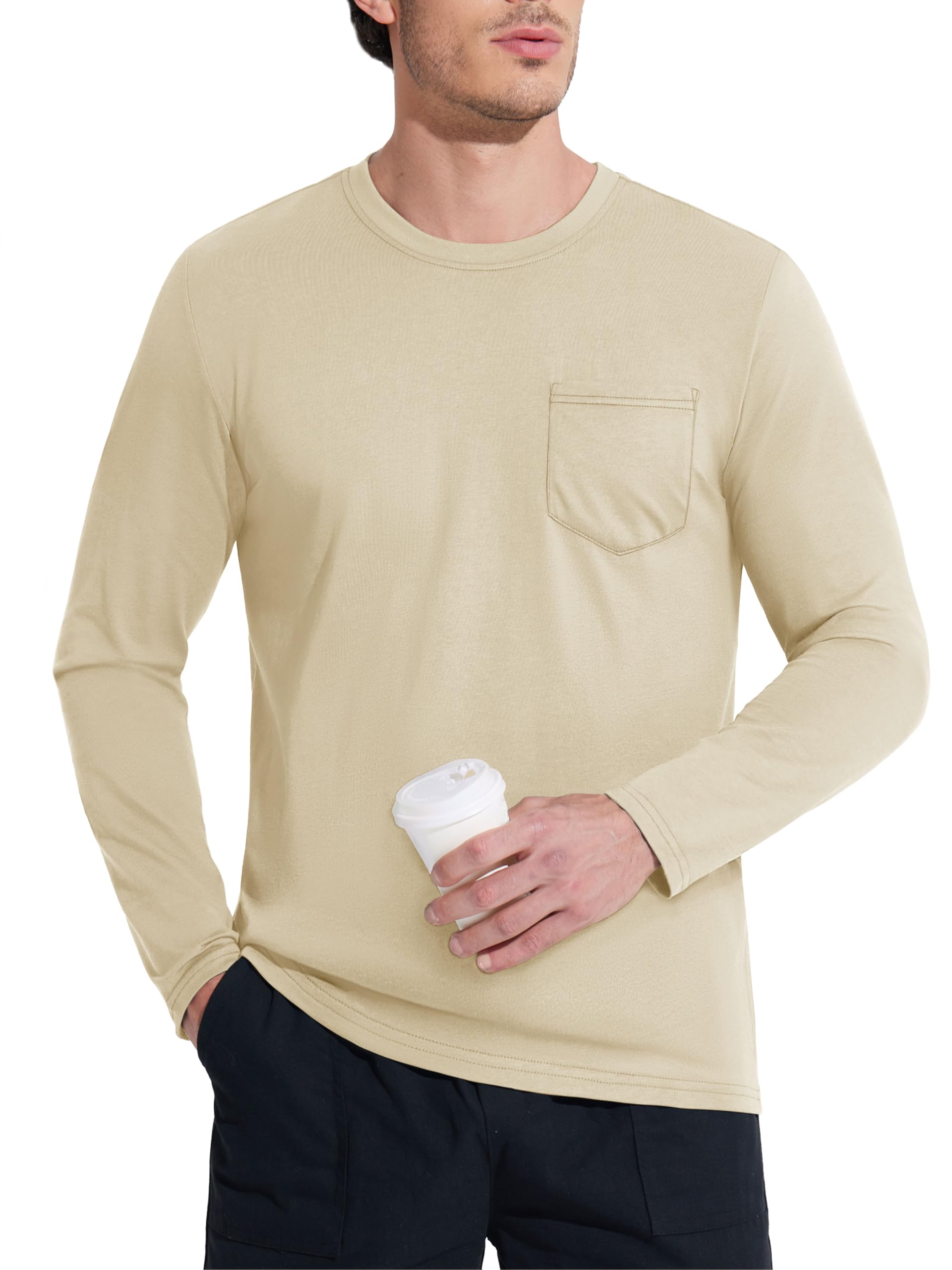 MAGCOMSEN Men's Long Sleeve Shirt with Pocket Cotton Crew Neck Shirts ...