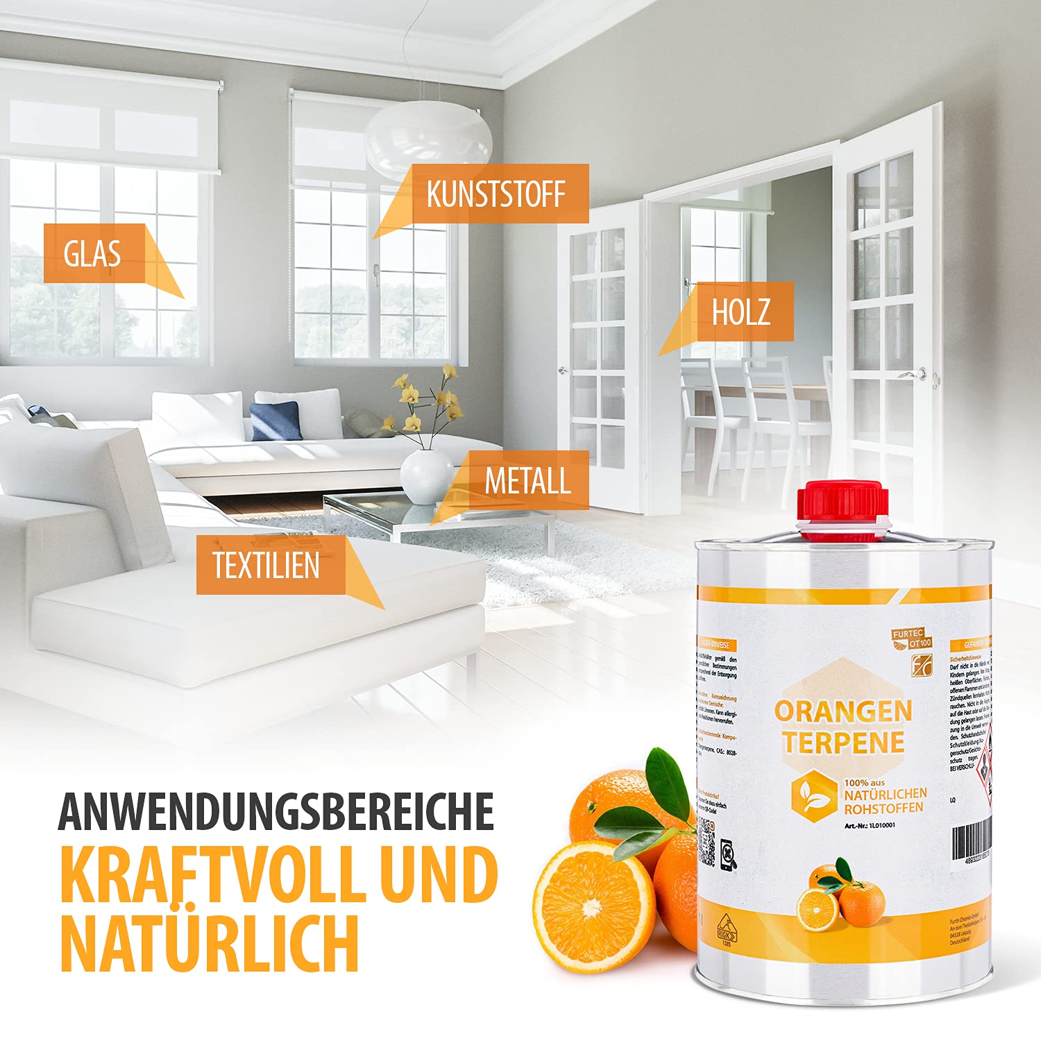 Orangenterpene (100%), 1 L | Klebereste Entferner, Etikettenlöser, Orangenreiniger Konzentrat, Terpentinersatz
