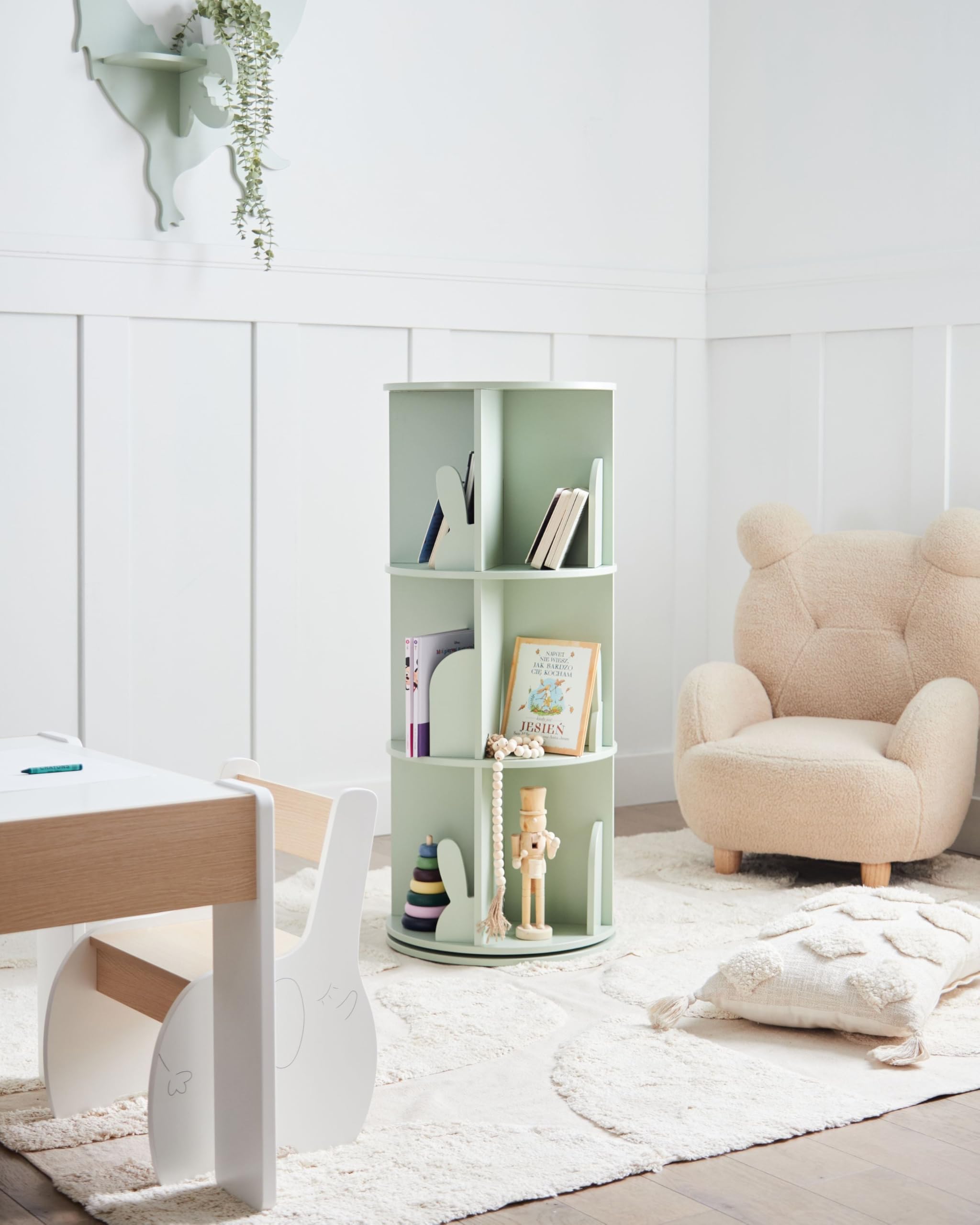 Beliani Bibliothèque Rotative à 3 Niveaux en MDF en Forme de Lapin Chambre Enfant Vert Clair Caney
