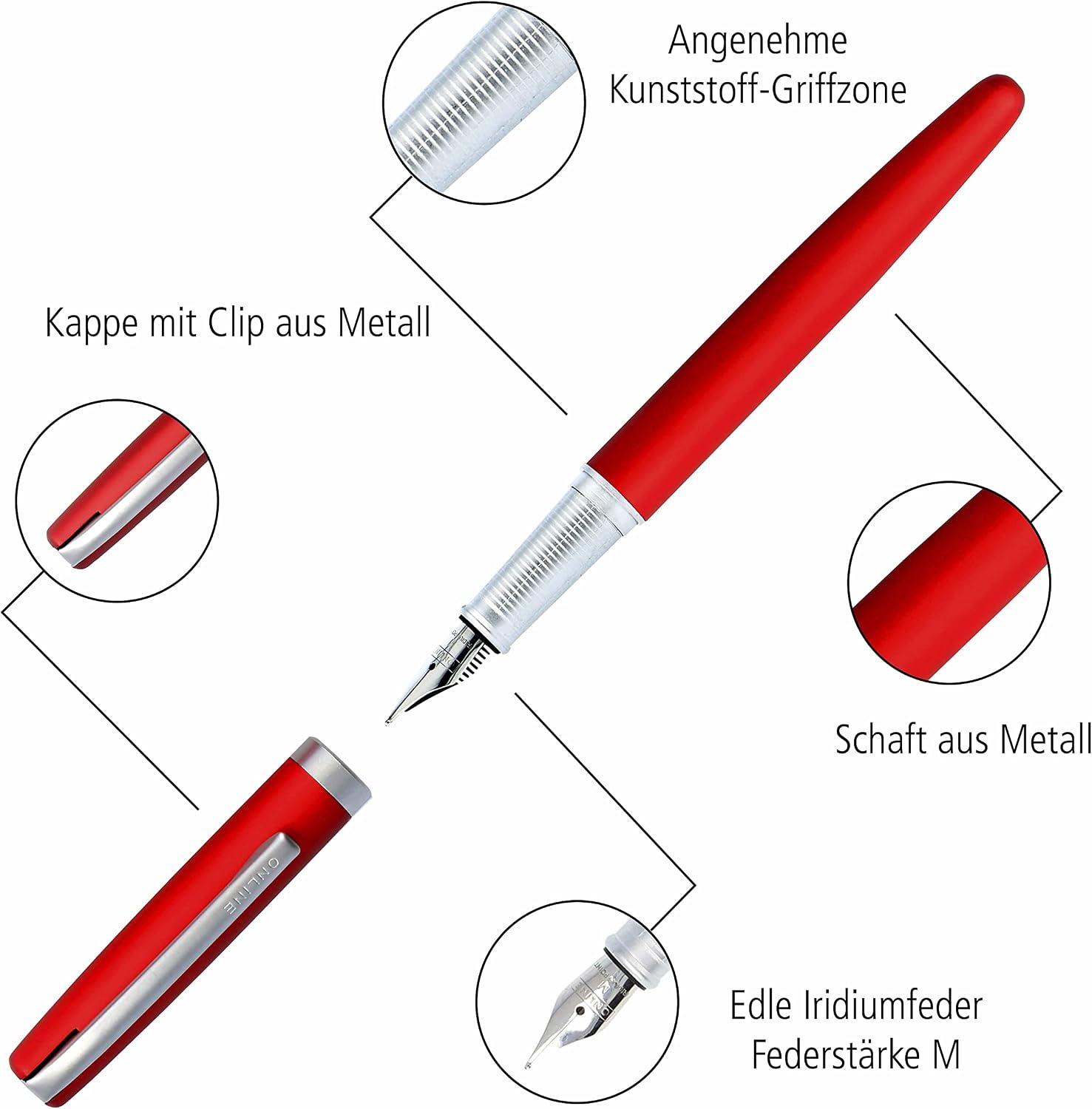 Online Eleganza Fountain Pen I Satin Red I Nib Size M I Metal Clip I Includes Ink Cartridge I Fountain-Pen for Standard Ink Cartridges Or Converter I In Gift Box