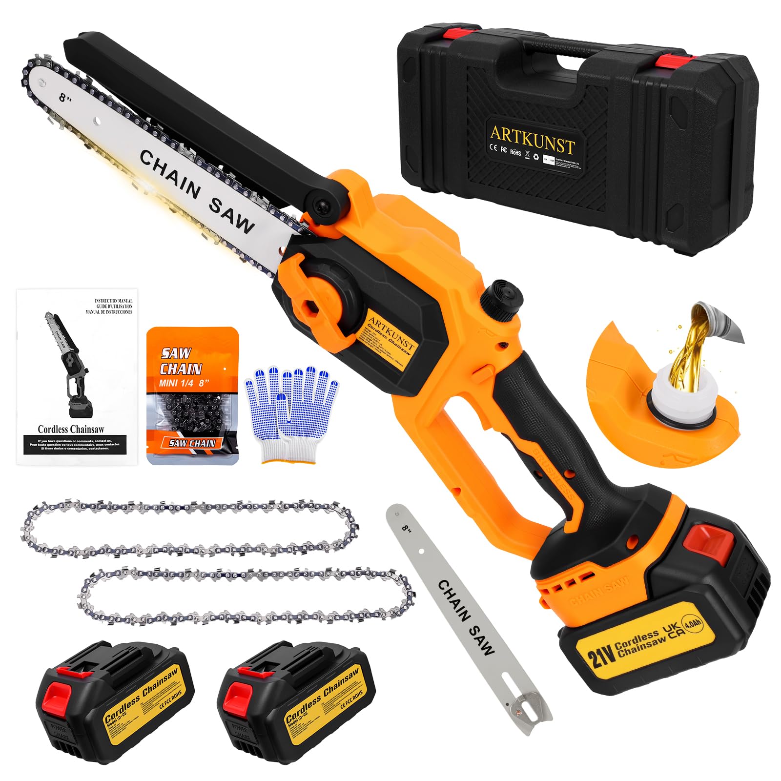8 Inch Mini Chainsaw Cordless, 1000W Brushless Motor Electric Power Chain Saw with 2 Batteries & 2 Chains, Small Chainsaw with Safety Lock for Tree Trimming, Garden, Wood Cutting Gift for Men Dad