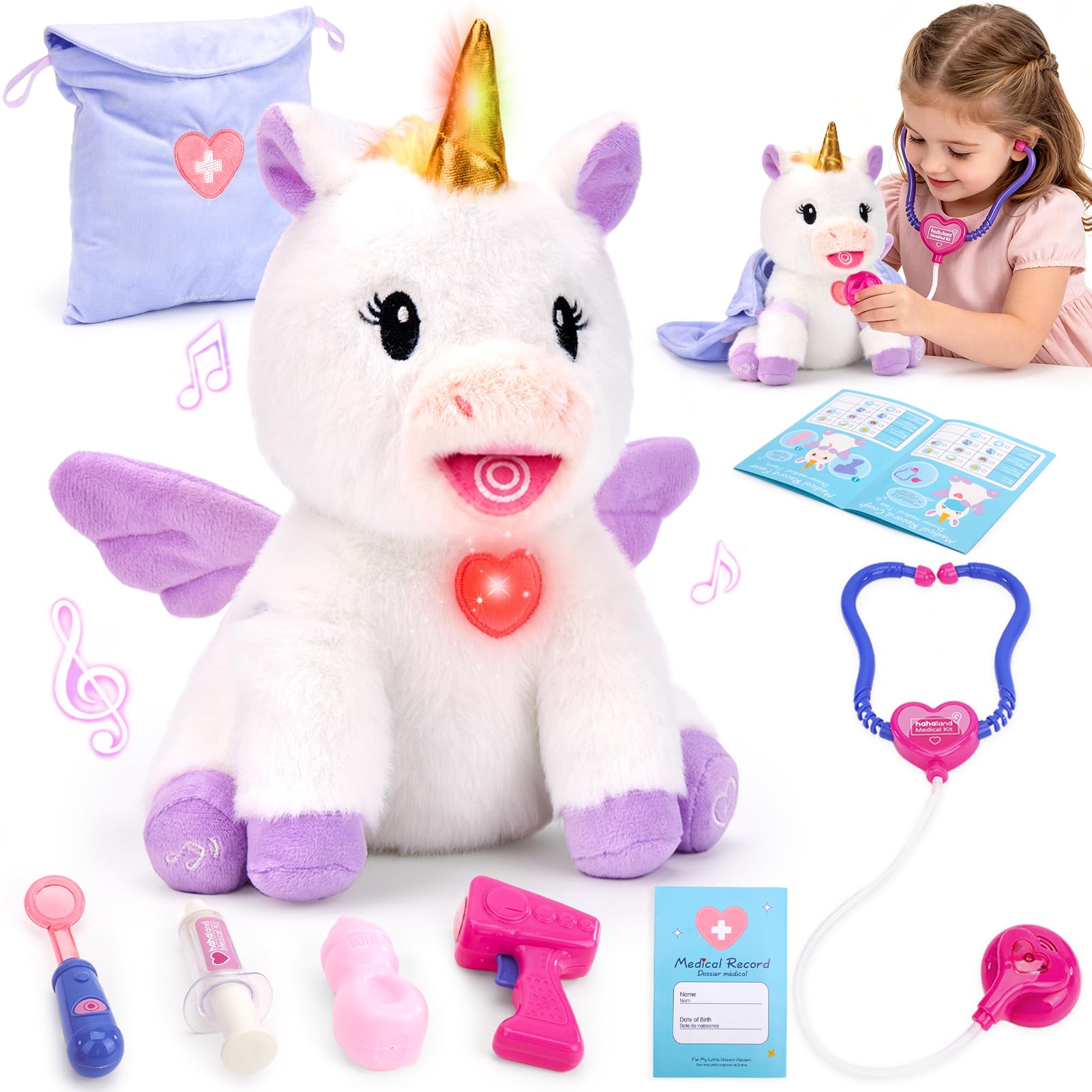 hahaland Talking Unicorn Plush Toy, Doctor Pretend Play Kit for Girls 3-6