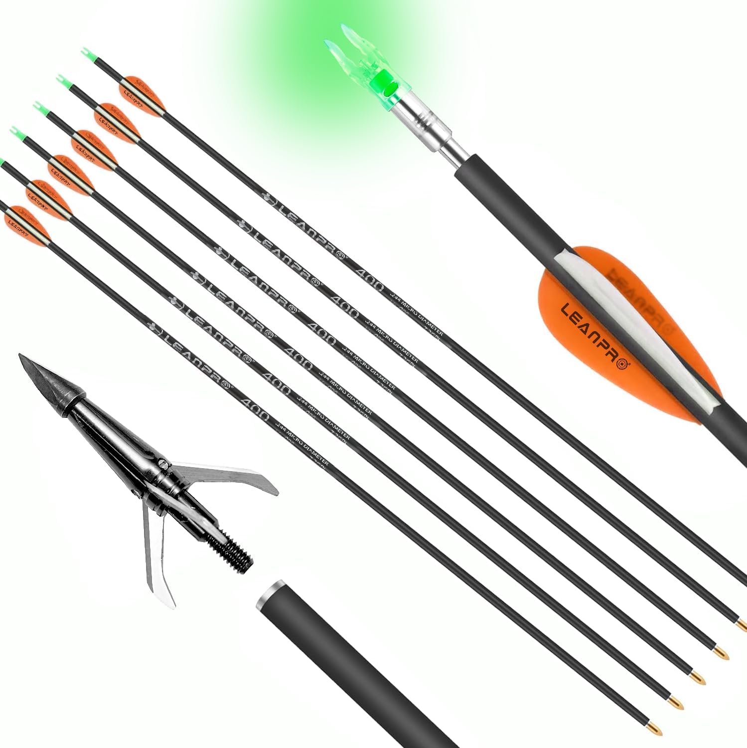 31 inch 6 Pack Carbon Arrow with 100 Grain Archery Broadheads and Lighted Nocks for Compound & Recurve Bow Shaft Spine 350/400, Hunting Practice Arrows for Youth and Adults