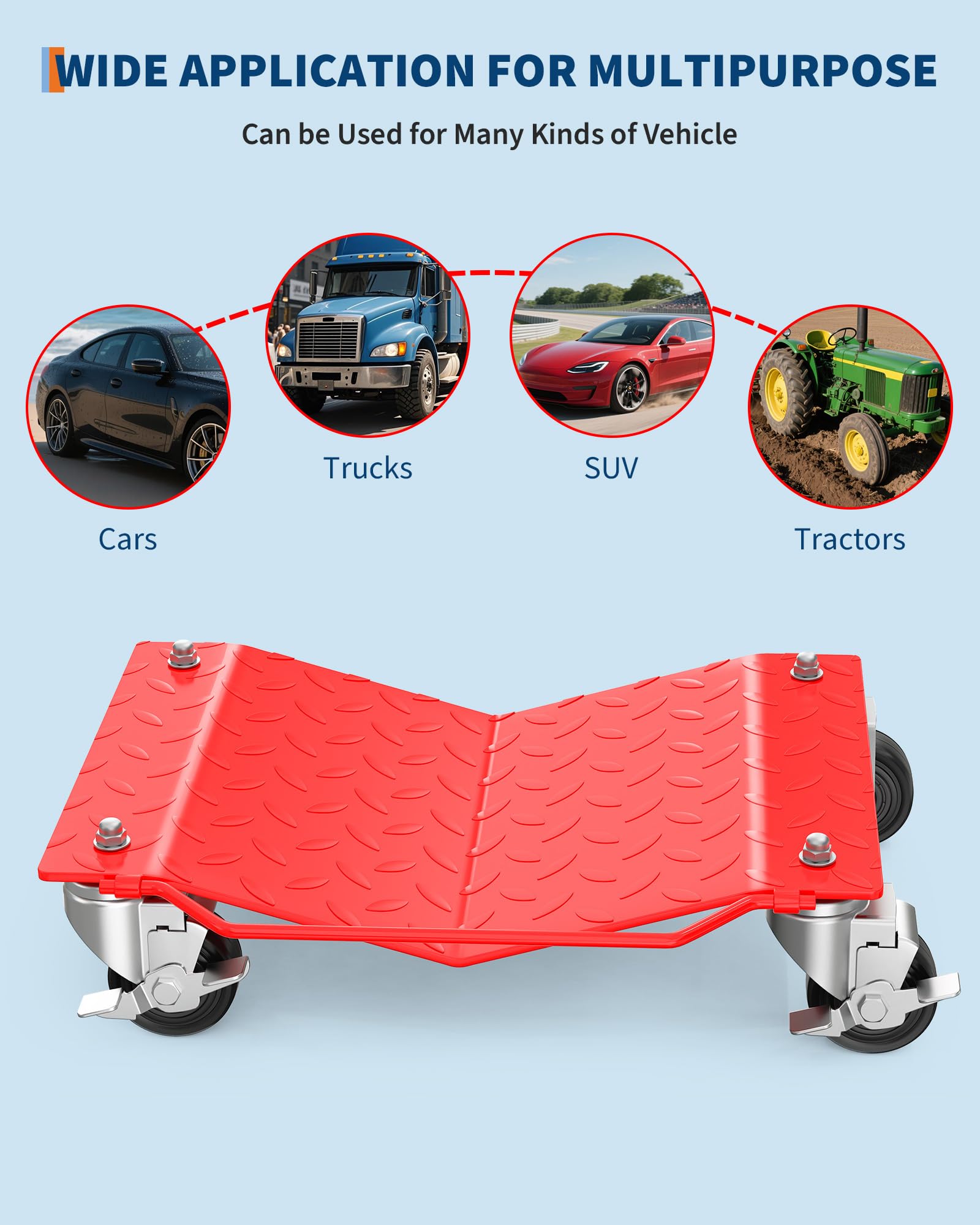 Garvee Carrello per ruote auto, capacità 1 kg, resistente, con freni, per traslochi di auto, camion, rimorchi e moto, rosso