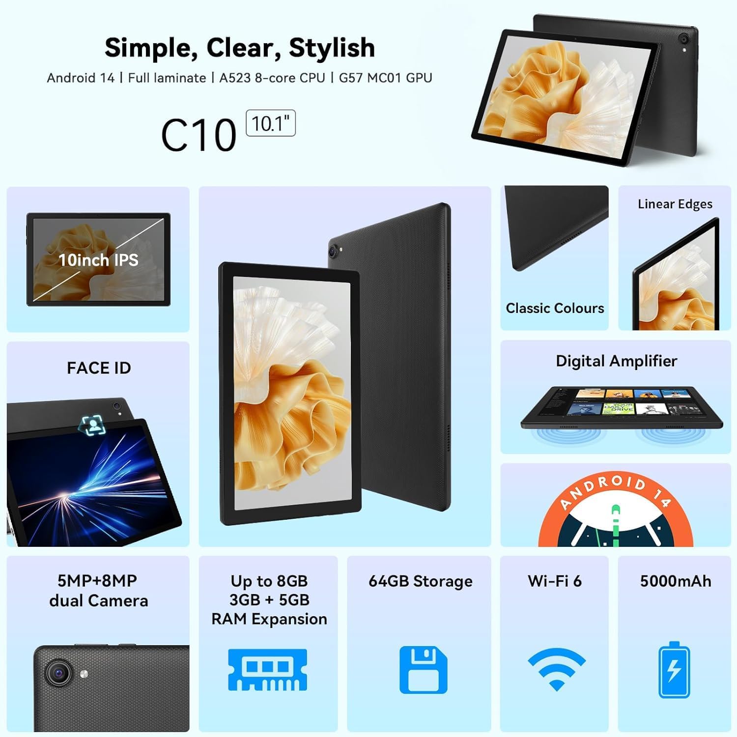 Tablet, Android 14 Tablet 10 inch with HD IPS Touchscreen, 64GB+1TB Expansion, Octa-Core, Face ID, OTG, WiFi 6, Bluetooth5.3, Dual 5MP+8MP Camera, 5000mAh, Widevine L1 (Black) - Image 2