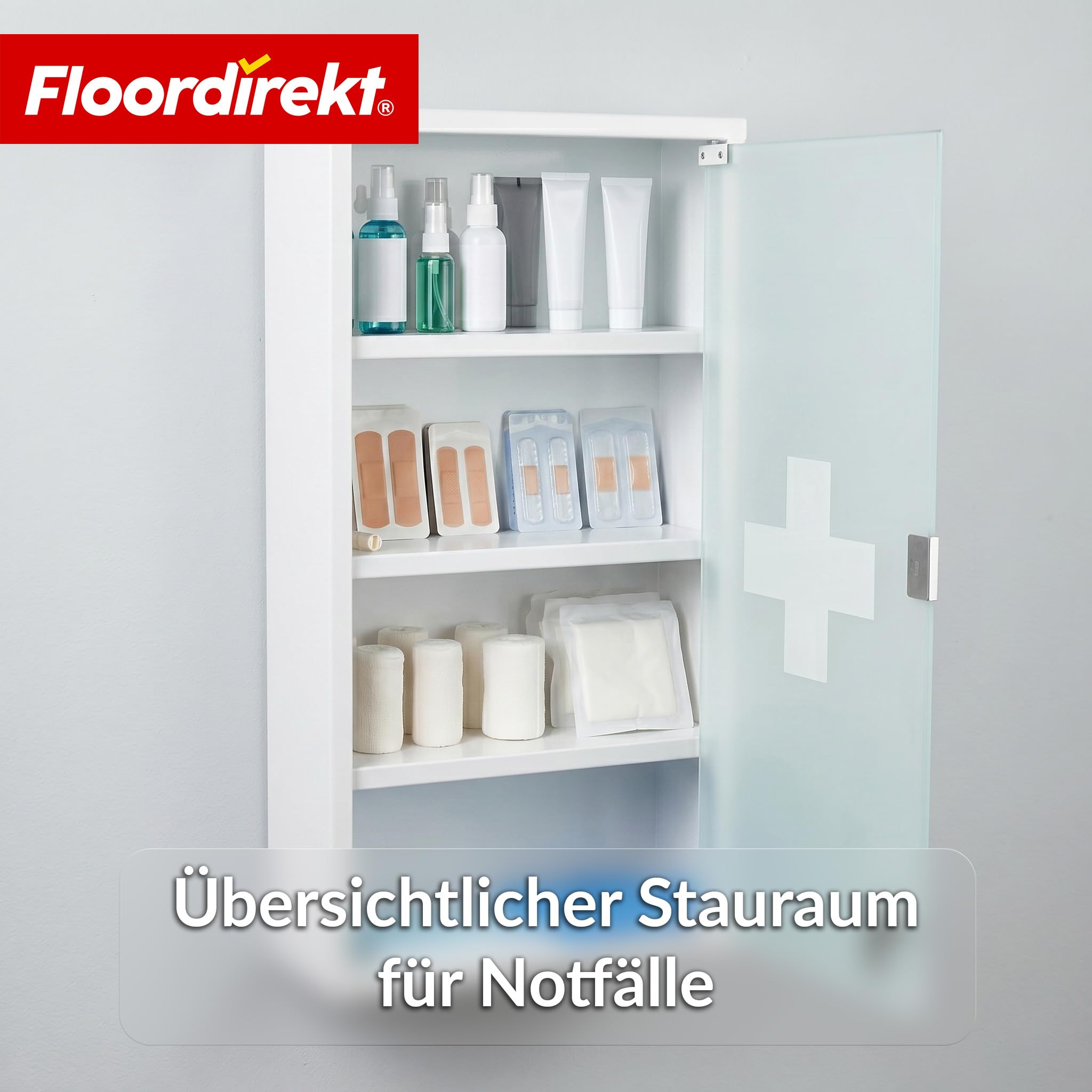 Floordirekt Medizinschrank Weiß 60x30cm - 4 Fächer – Abschließbarer Arzneischrank mit Milchglastür, Edelstahl oder Metall weiß, Medikamentenschrank für Bad, Küche & Praxis, Allen