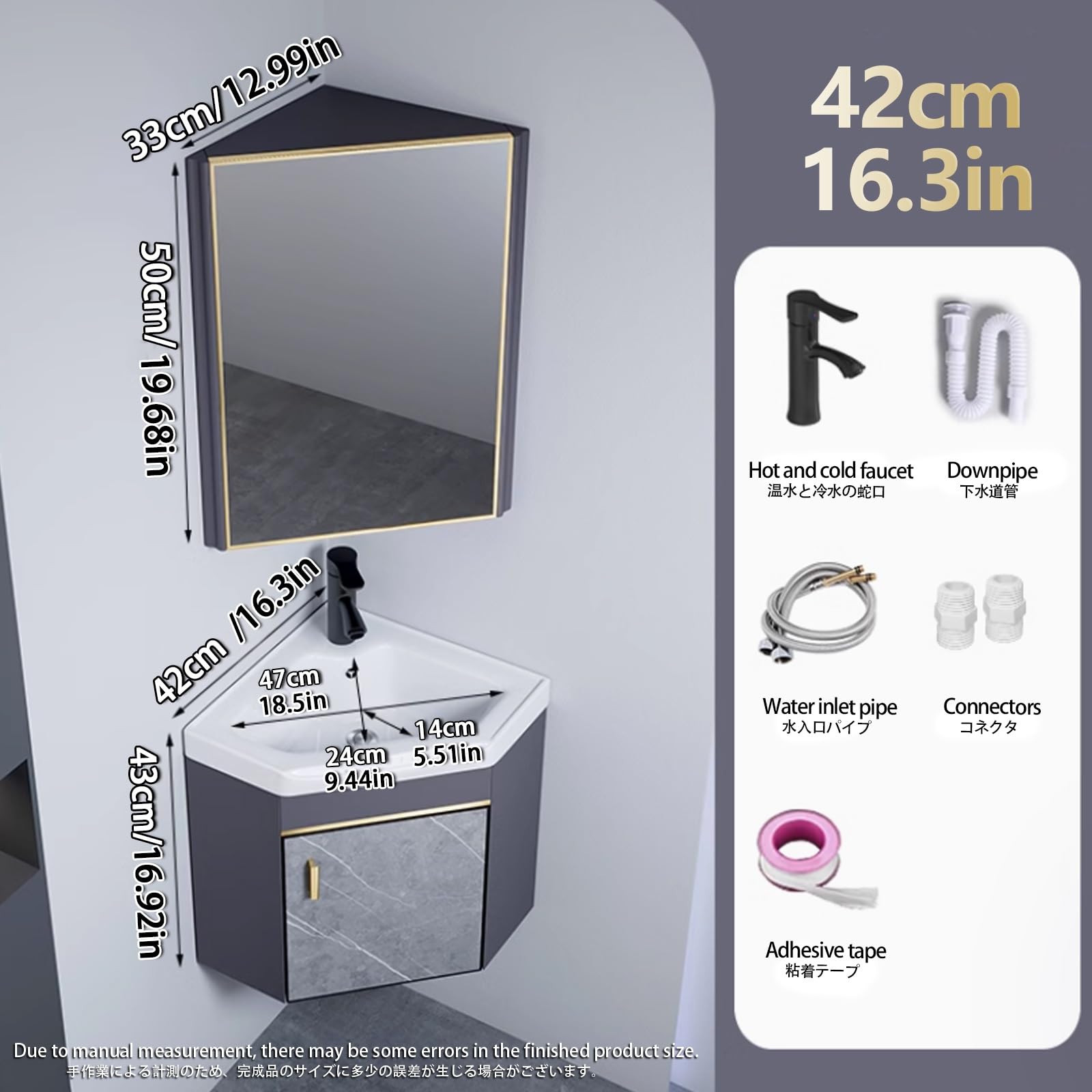 Bagno Lavabo Angolare su Piedistallo Mobile con Rubinetto e Scarico, Specchio e Sospeso per Bagno e Lavanderia