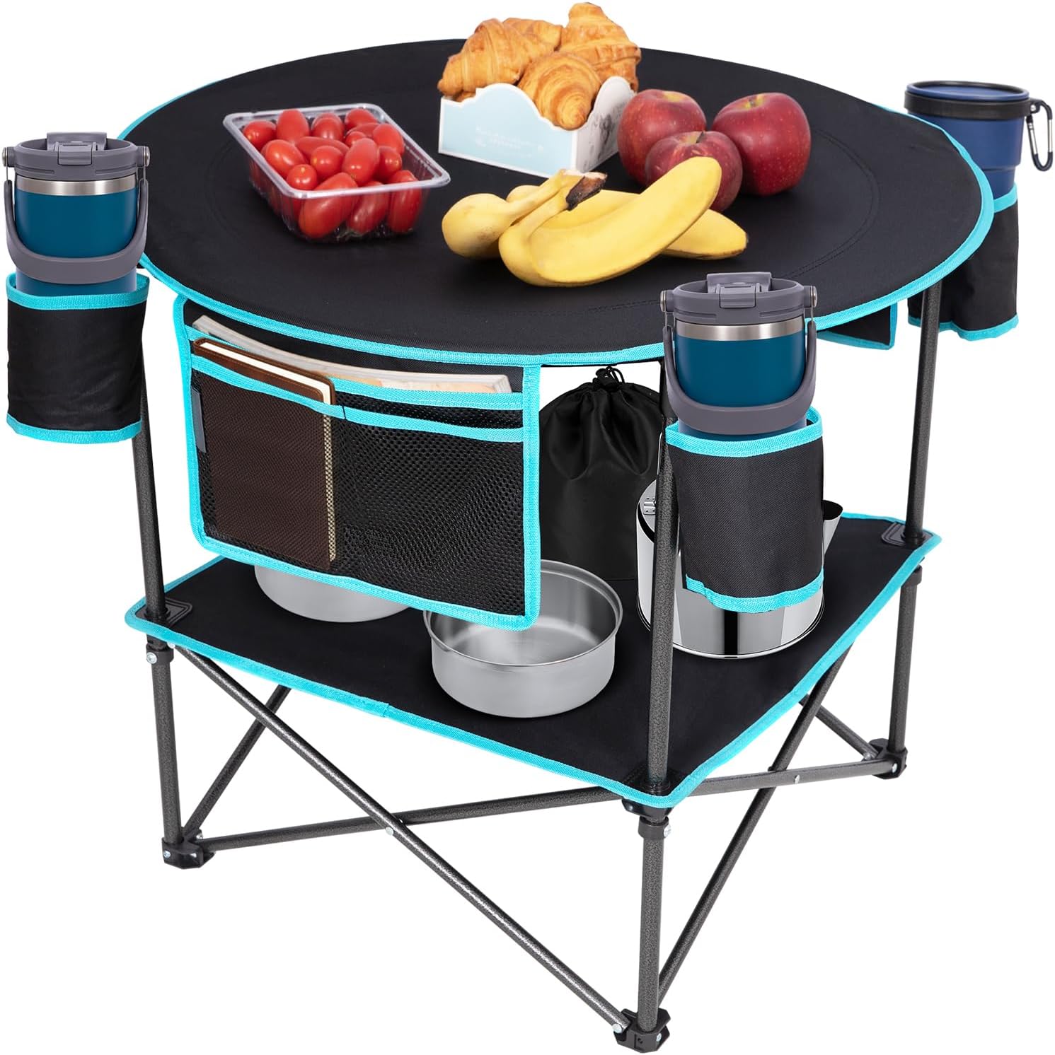 FUNDANGO All in One Tailgate Table, Portable Beach Table with Cup Holders, Camping Table Foldable with Side Pockets Carry Bag for Camp Outdoor Sand Beach Picnic Fishing Tailgating Essentials