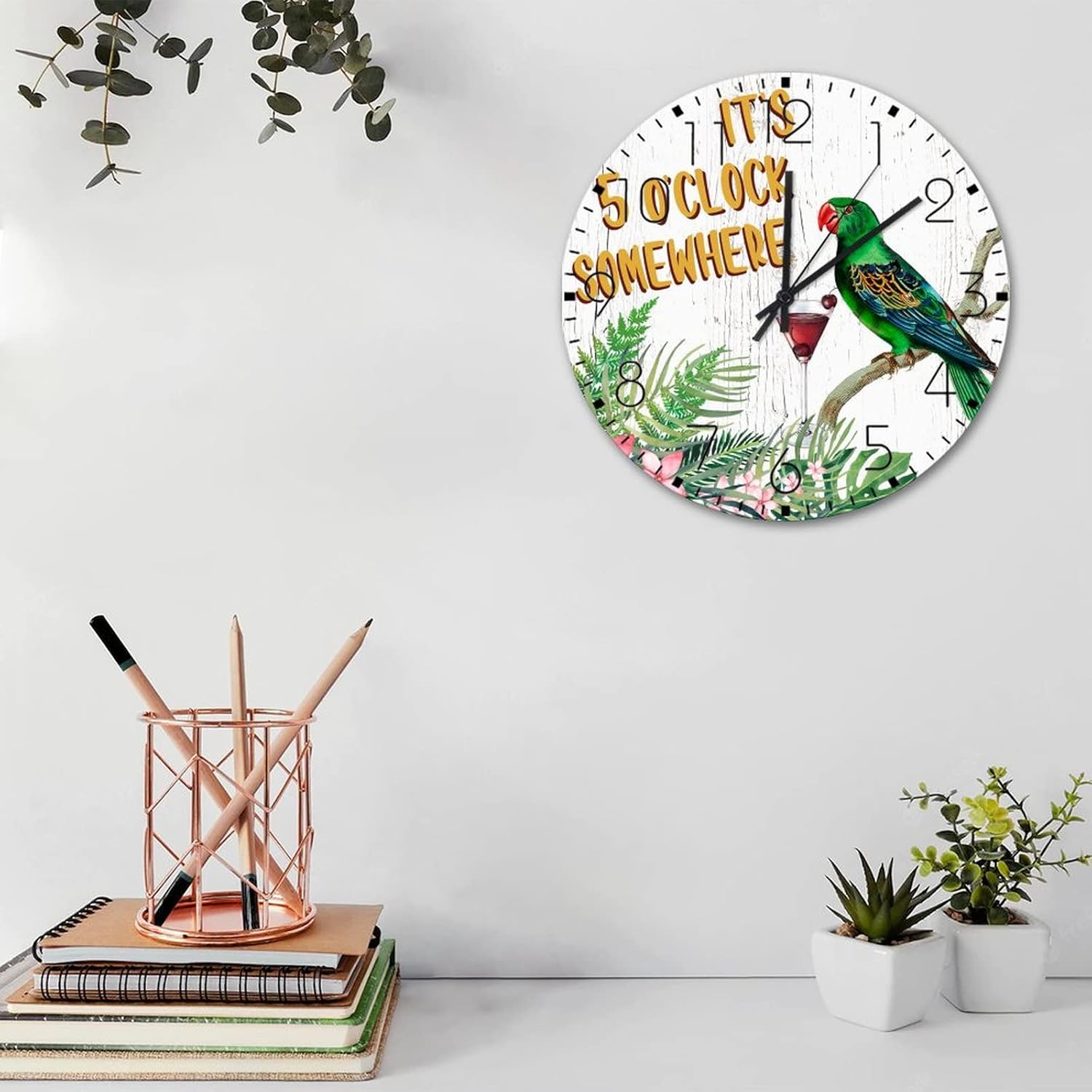 Wood Wall Clocks Non-Ticking Quartz Battery Operated It's Five O'clock Somewhere Country Wall Clocks Flower Floral Leaves Macaw Wooden Wall Decor for Girls Room Kitchen Pool 12 Inch