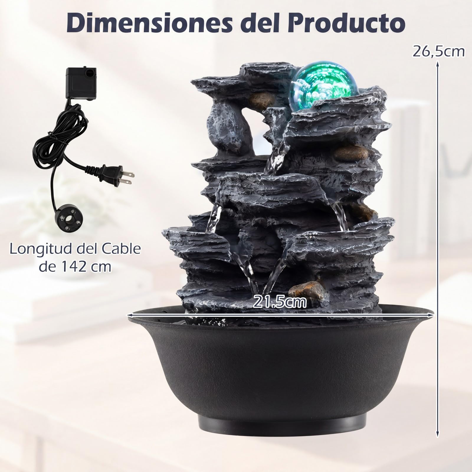 COSTWAY Fuente de Mesa Cascada con Bola Cristal Giratoria, Luz LED Decorativa, Flujo Ajustable, Decoración Zen Hogar Oficina